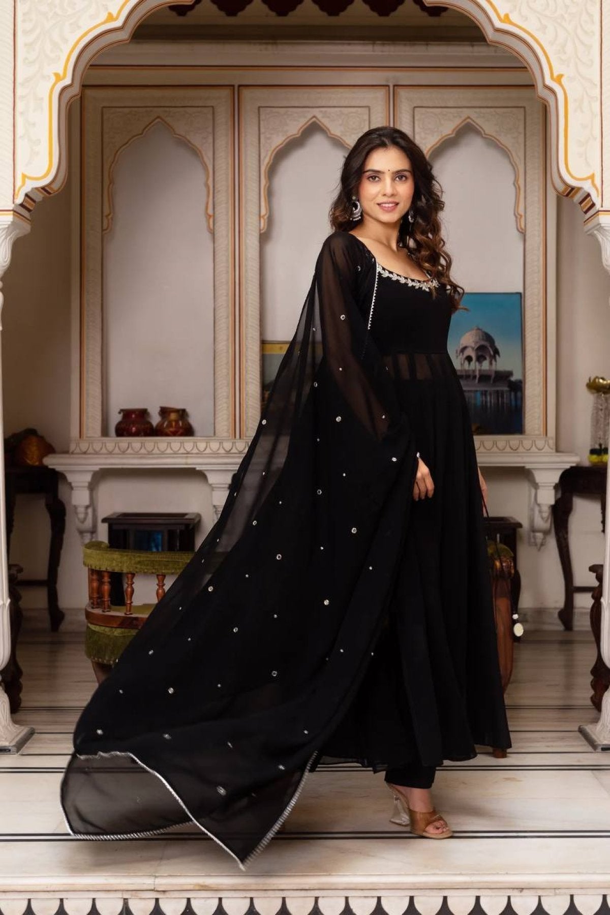 Midnight Mirror Georgette Anarkali Set with Palazzo Dupatta Ready detailed view
