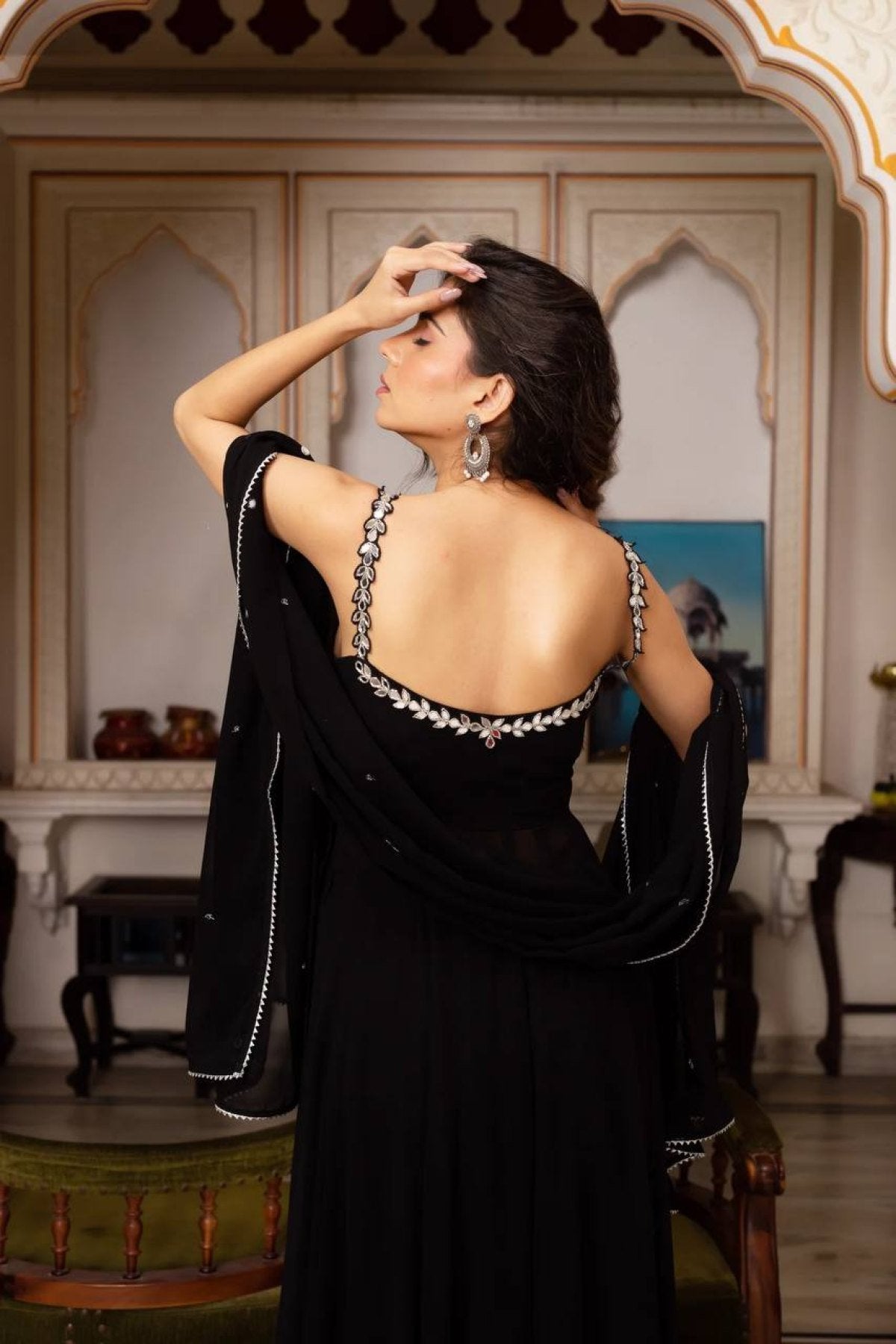 Midnight Mirror Georgette Anarkali Set with Palazzo Dupatta Ready embroidery close-up