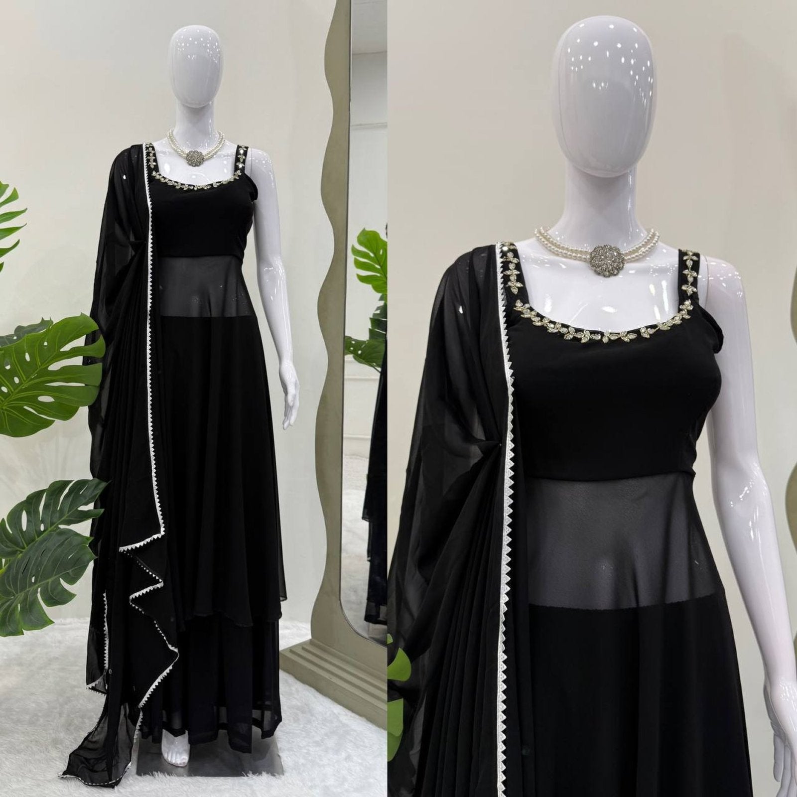 Midnight Mirror Georgette Anarkali Set with Palazzo Dupatta Ready fabric texture detail