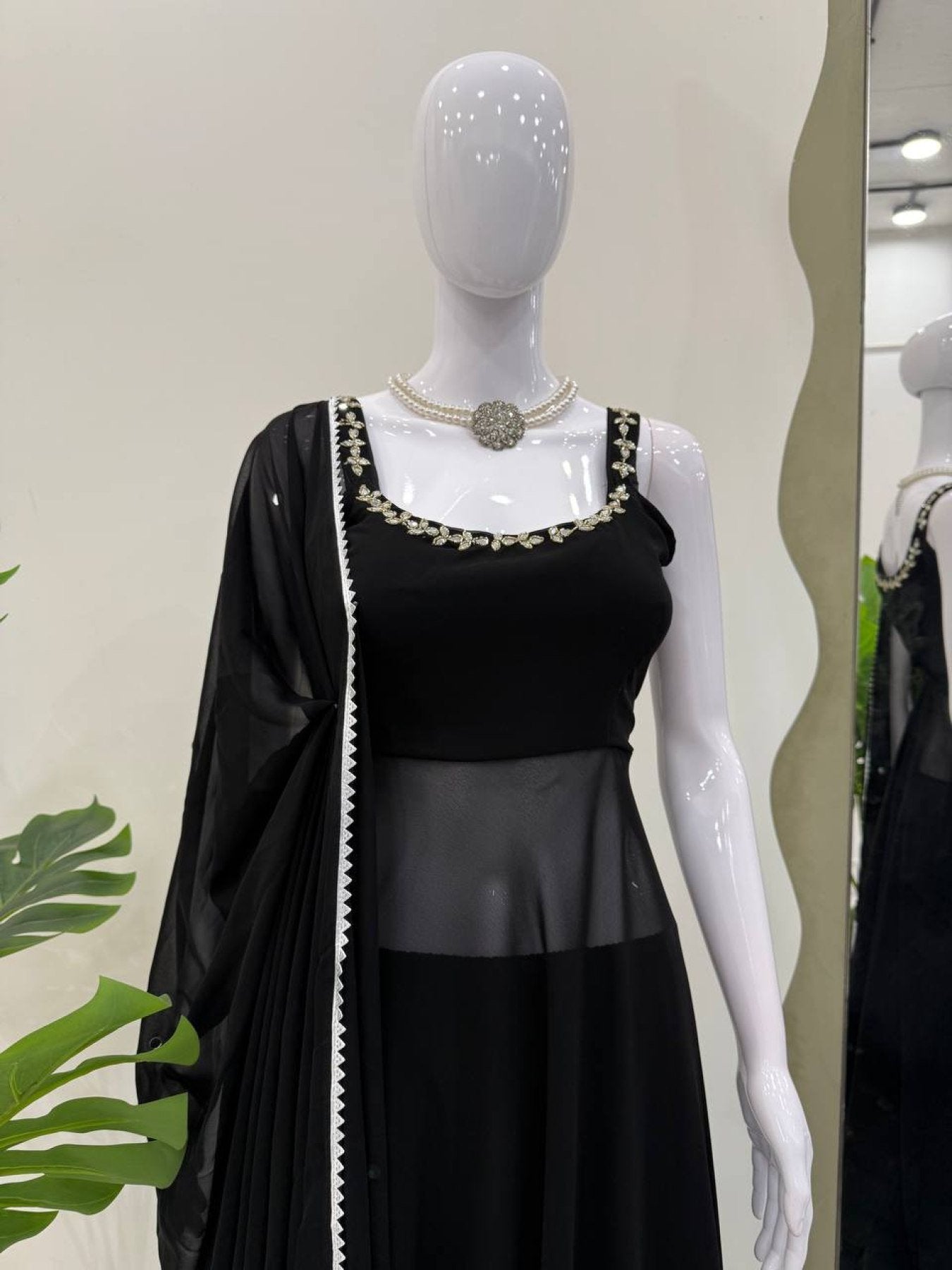 Midnight Mirror Georgette Anarkali Set with Palazzo Dupatta Ready styling view