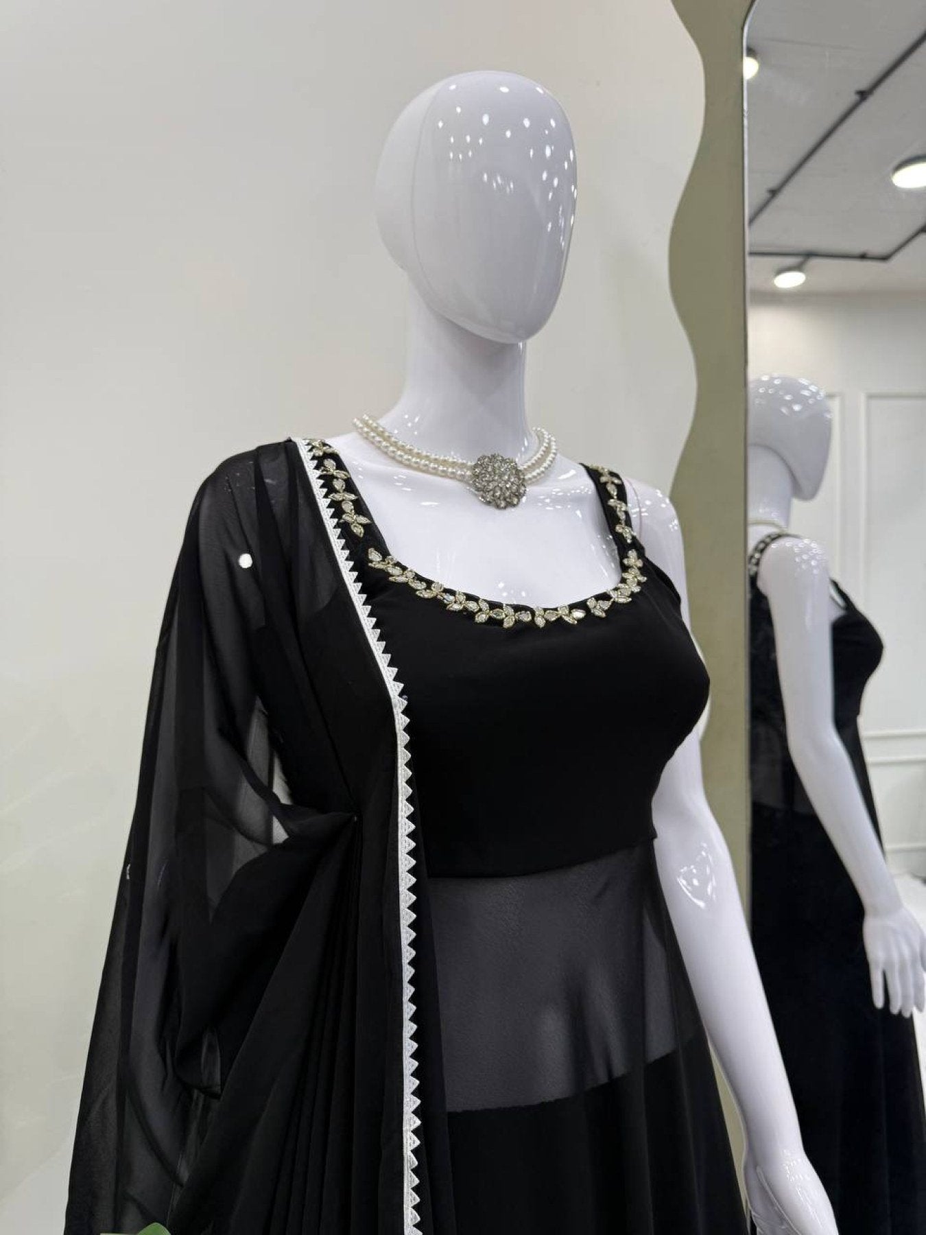 Midnight Mirror Georgette Anarkali Set with Palazzo Dupatta Ready detailed view