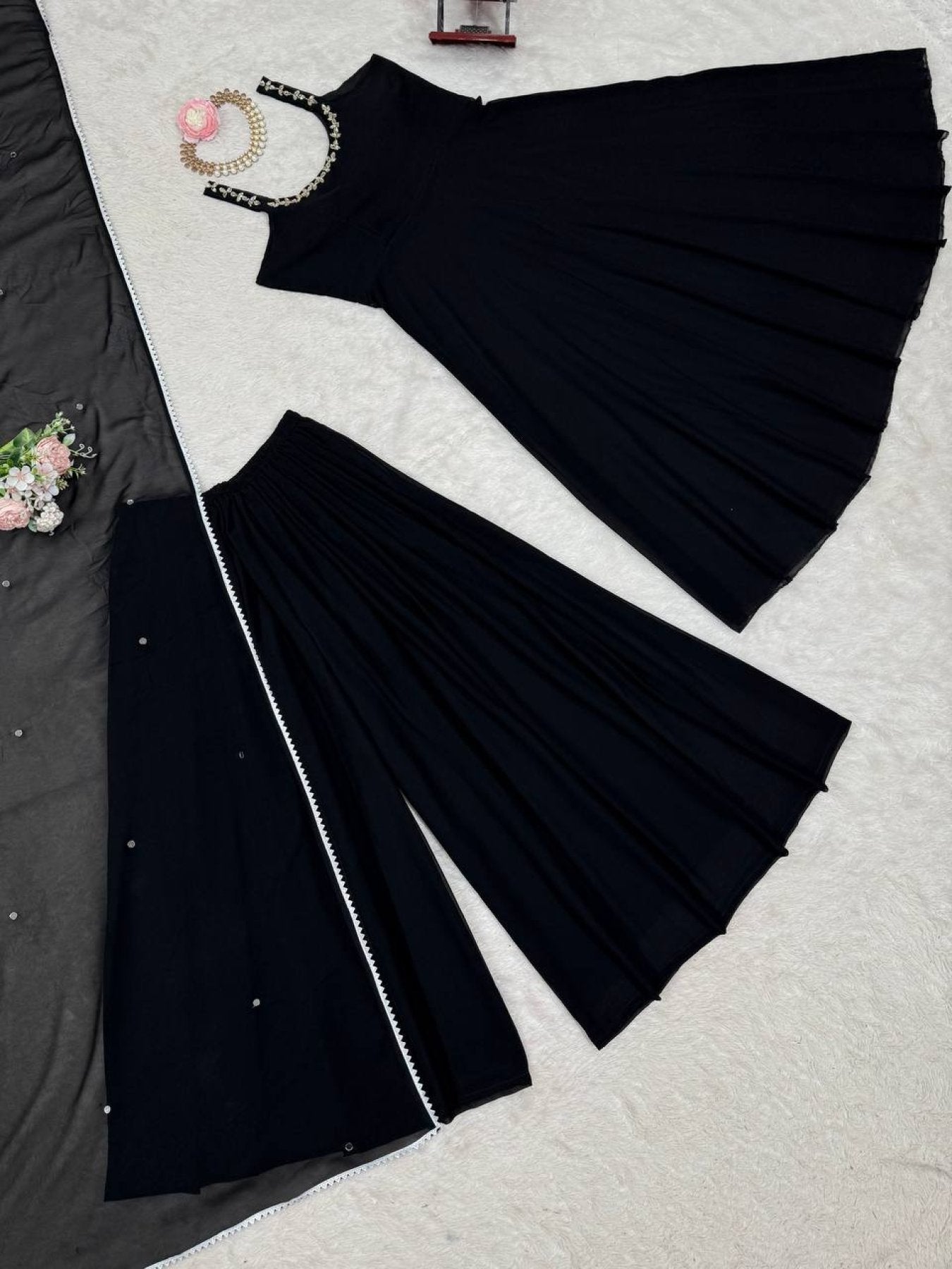 Midnight Mirror Georgette Anarkali Set with Palazzo Dupatta Ready front view