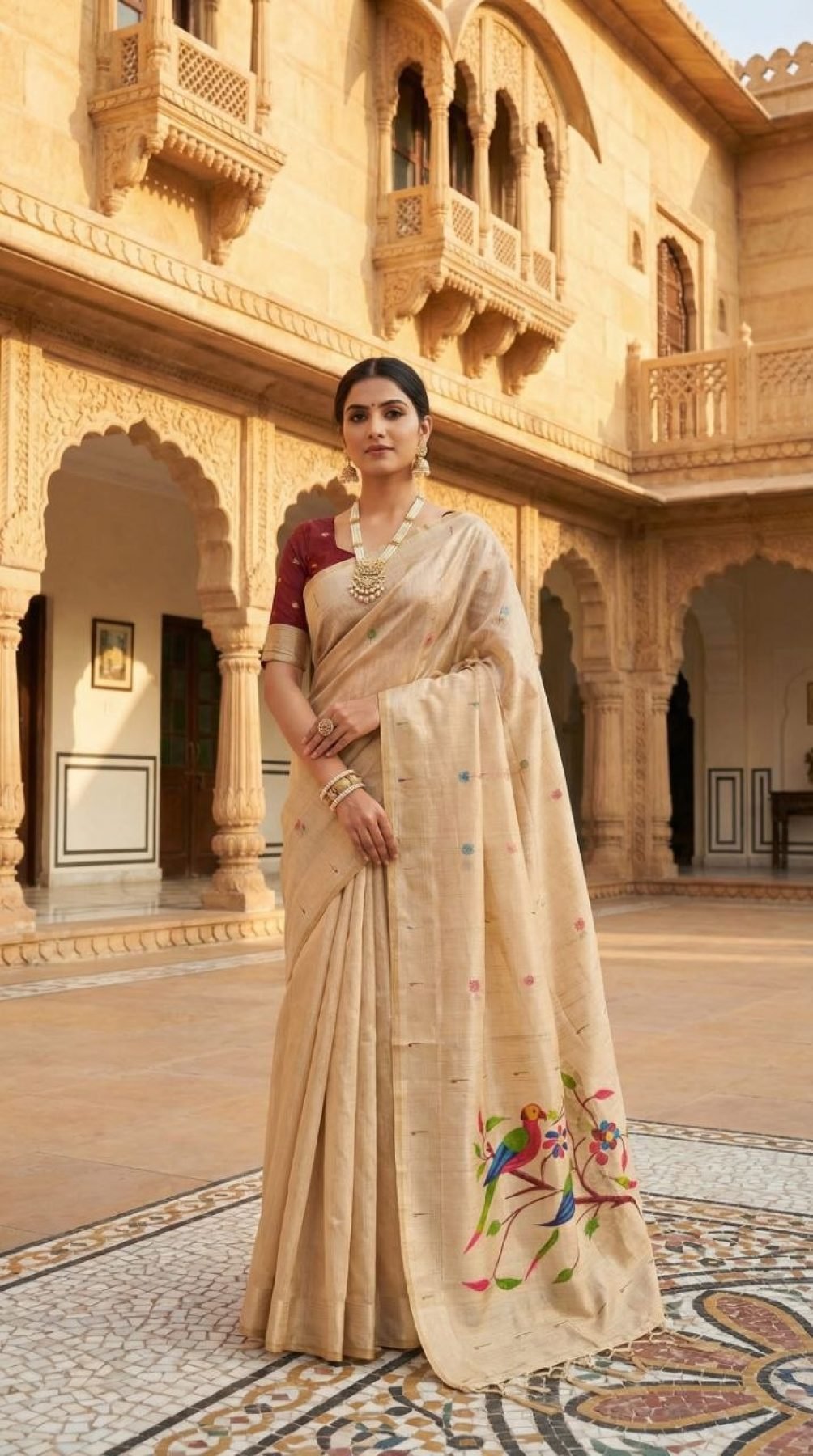 Cream Cotton Saree - drape and pallu detail