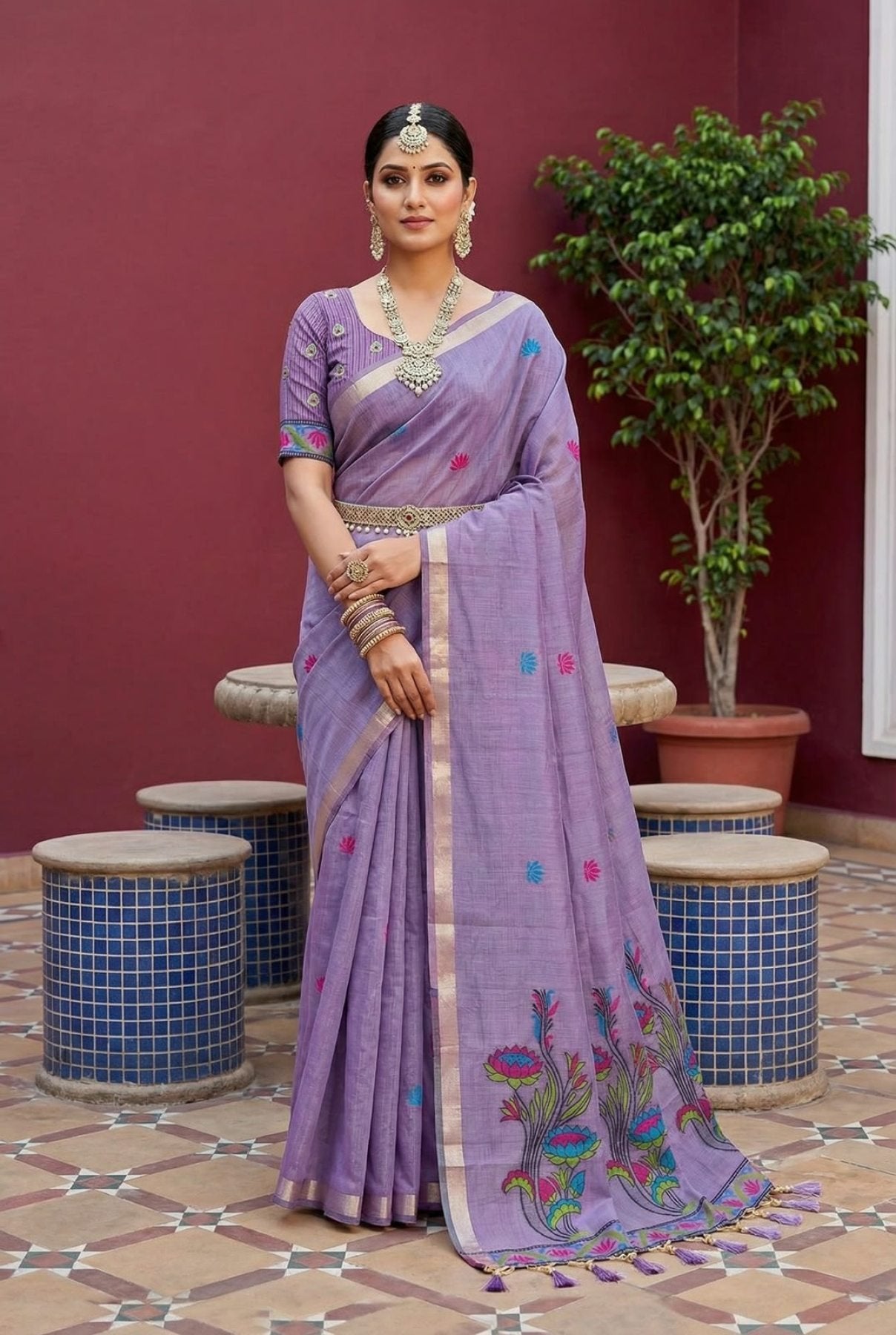 Purple Cotton Saree - drape and pallu detail