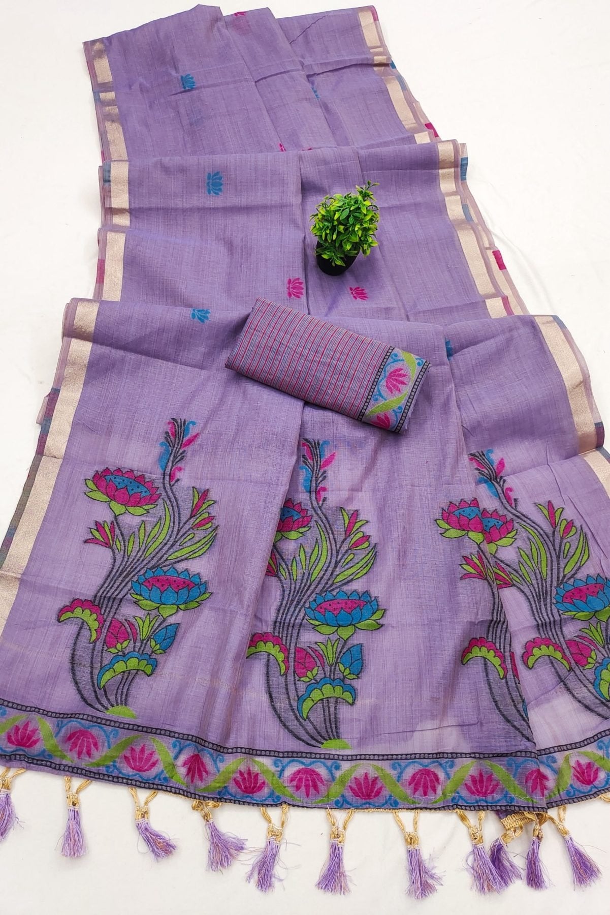 Purple Cotton Saree - side drape view