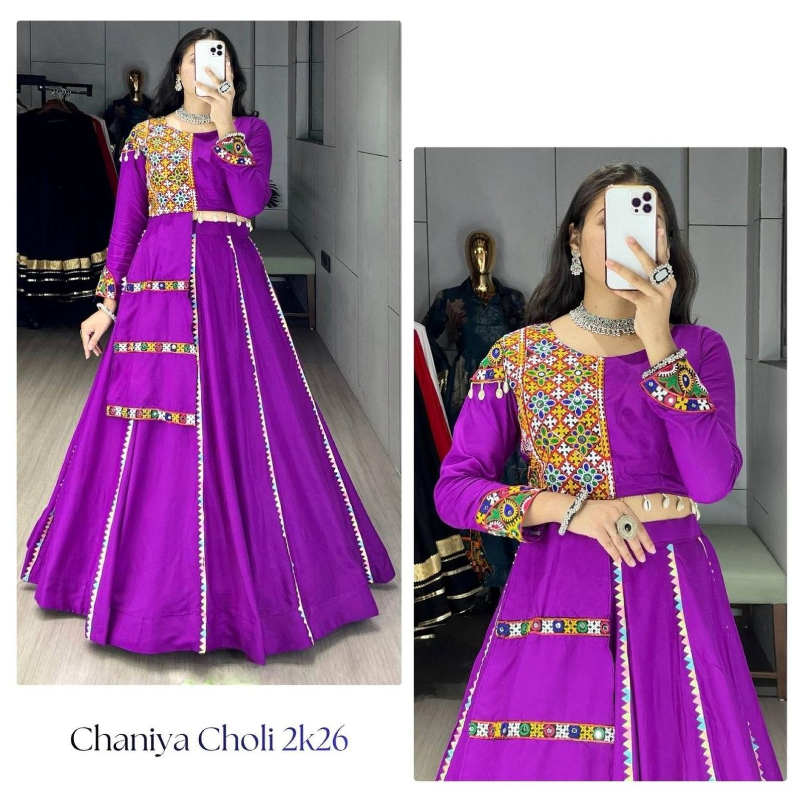 Black Navratri Cotton Lehenga Set with Real Mirror Gamthi Work full drape view