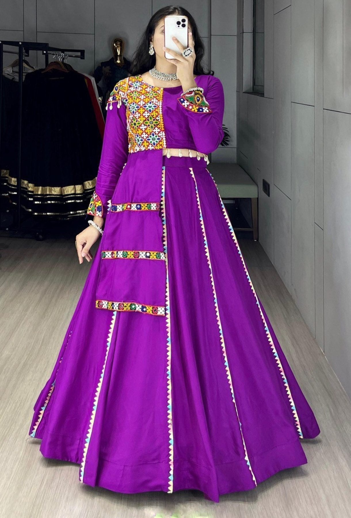 Navratri Cotton Lehenga Set with Real Mirror Gamthi Work blouse and dupatta detail