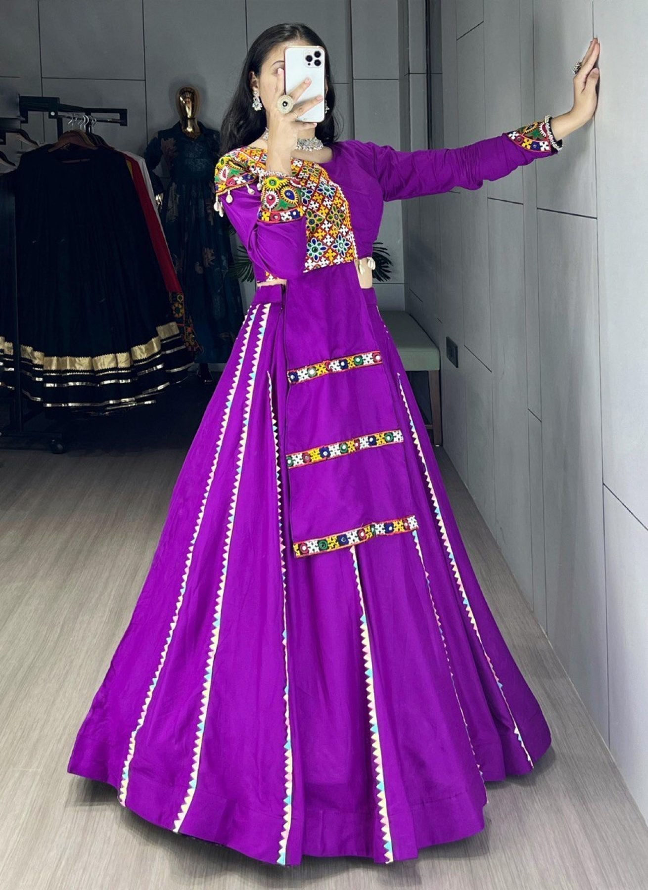 Navratri Cotton Lehenga Set with Real Mirror Gamthi Work embroidery close-up