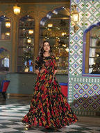 Black Floral Printed Marble Lehenga Choli with Lace Border Dupatta for women | Snyvia
