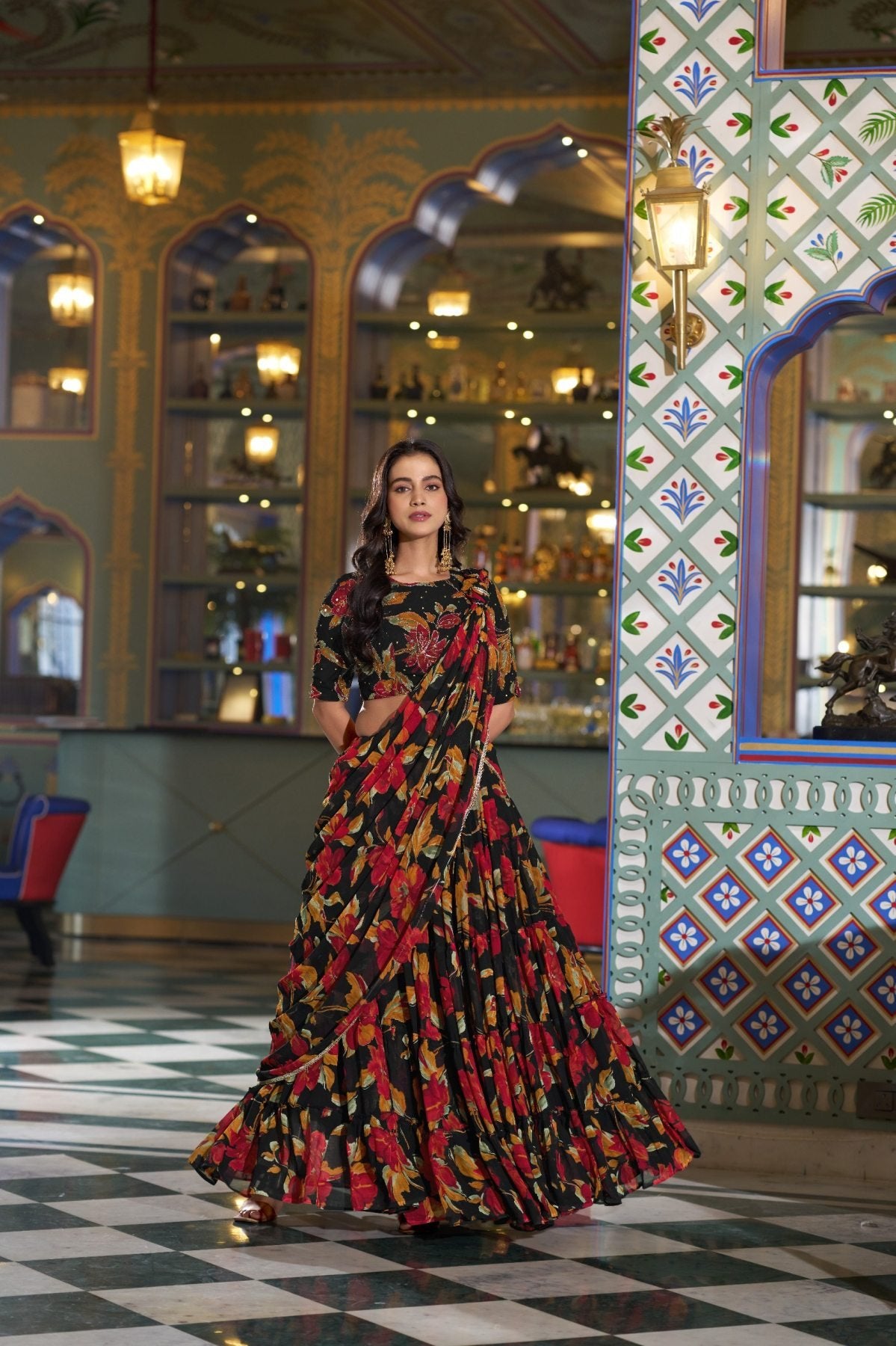 Green Floral Printed Marble Lehenga Choli with Lace Border Dupatta full drape view