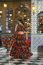 Mehendi Green Floral Printed Marble Lehenga Choli with Lace Border Dupatta blouse and dupatta detail