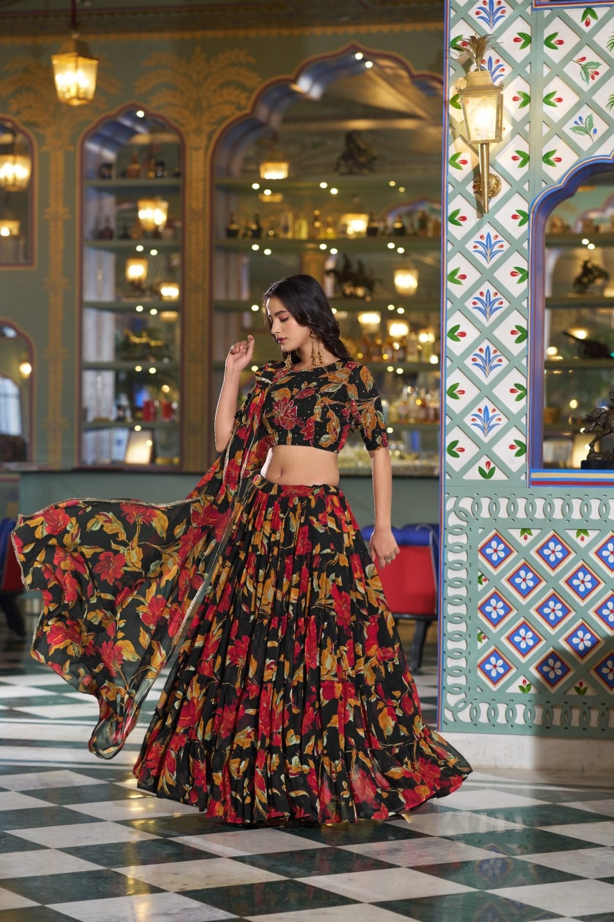 Mehendi Green Floral Printed Marble Lehenga Choli with Lace Border Dupatta blouse and dupatta detail