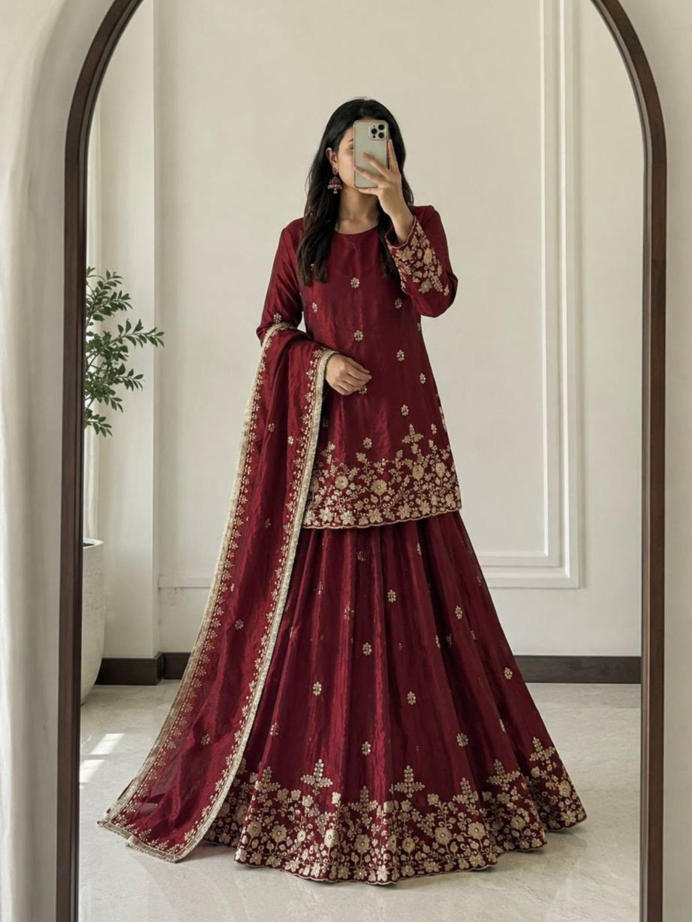 Embroidered Fandy Silk Outfit for Festive Wear Lehenga front view