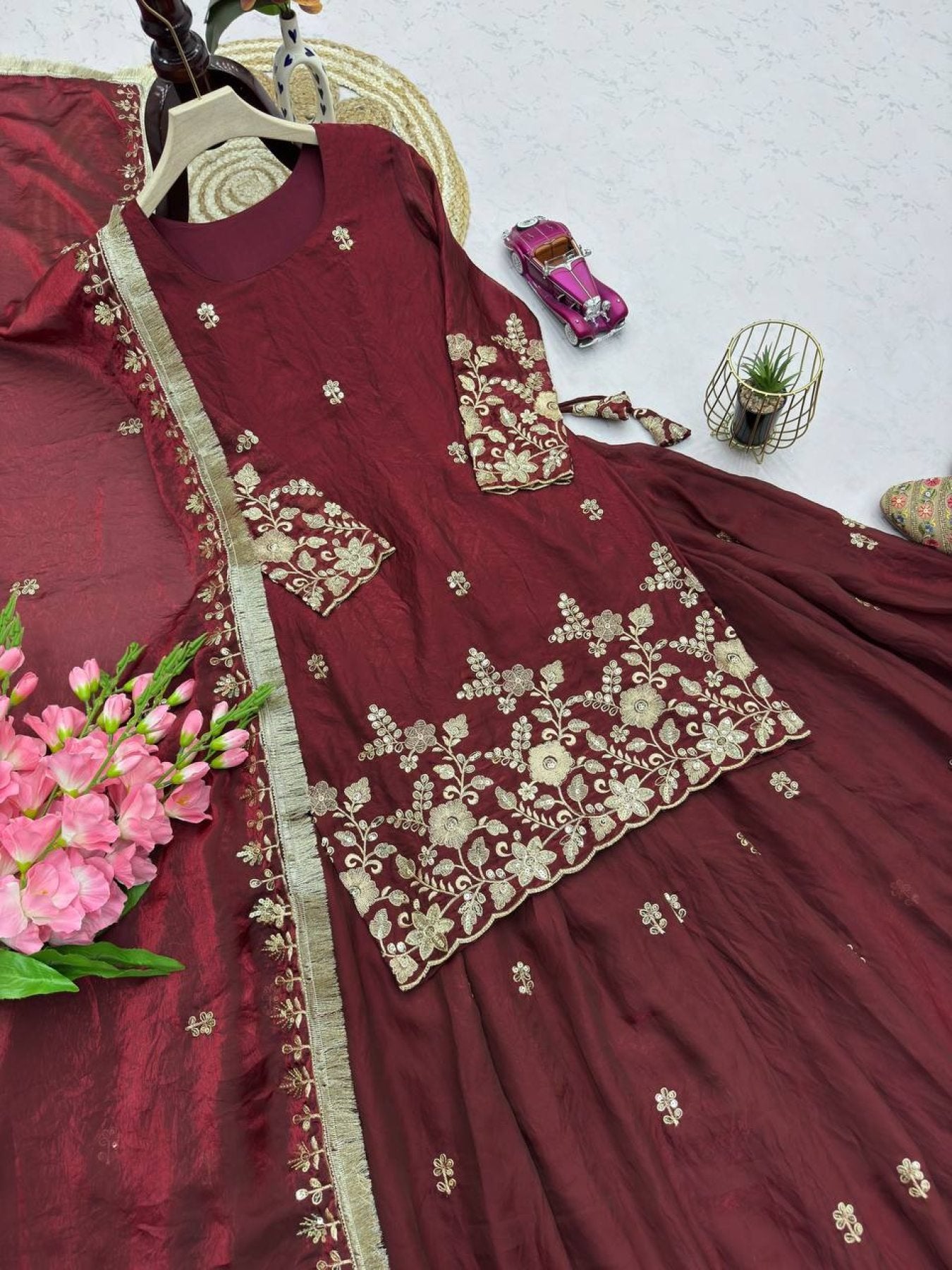 Embroidered Fandy Silk Outfit for Festive Wear Lehenga blouse and dupatta detail