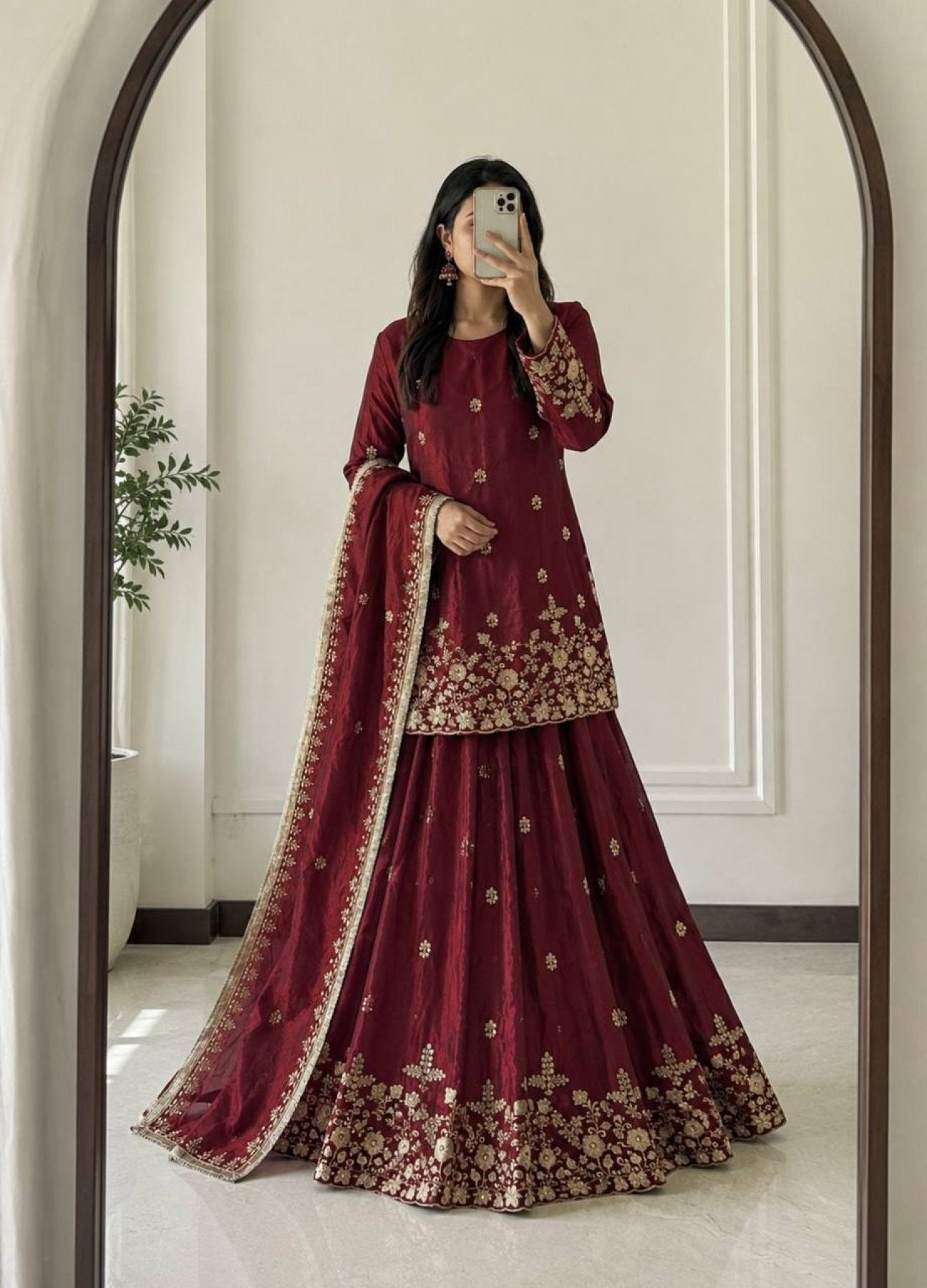 Embroidered Fandy Silk Outfit for Festive Wear Lehenga blouse and dupatta detail