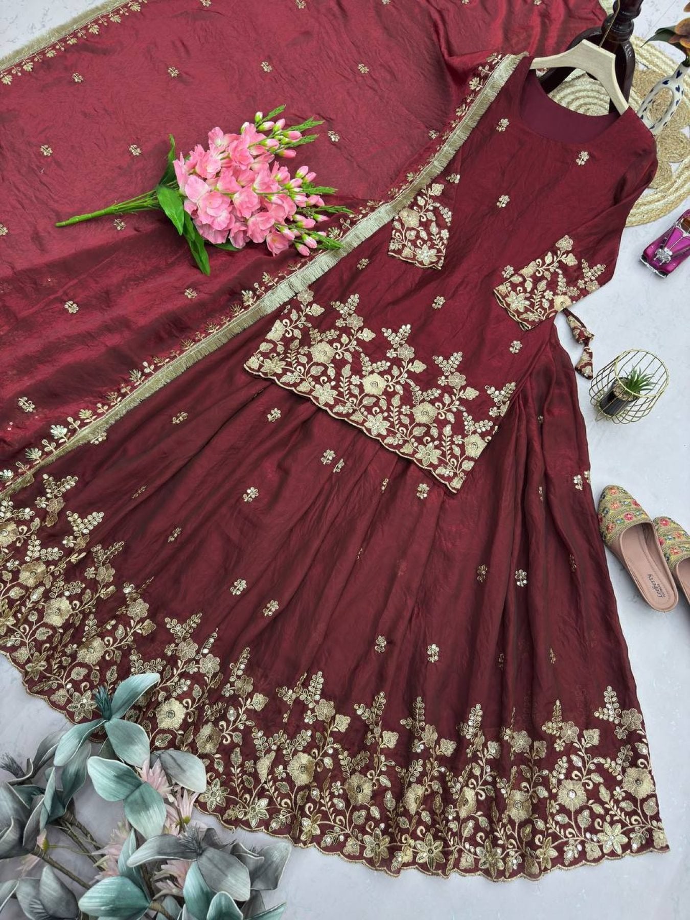 Embroidered Fandy Silk Outfit for Festive Wear Lehenga colour variant view