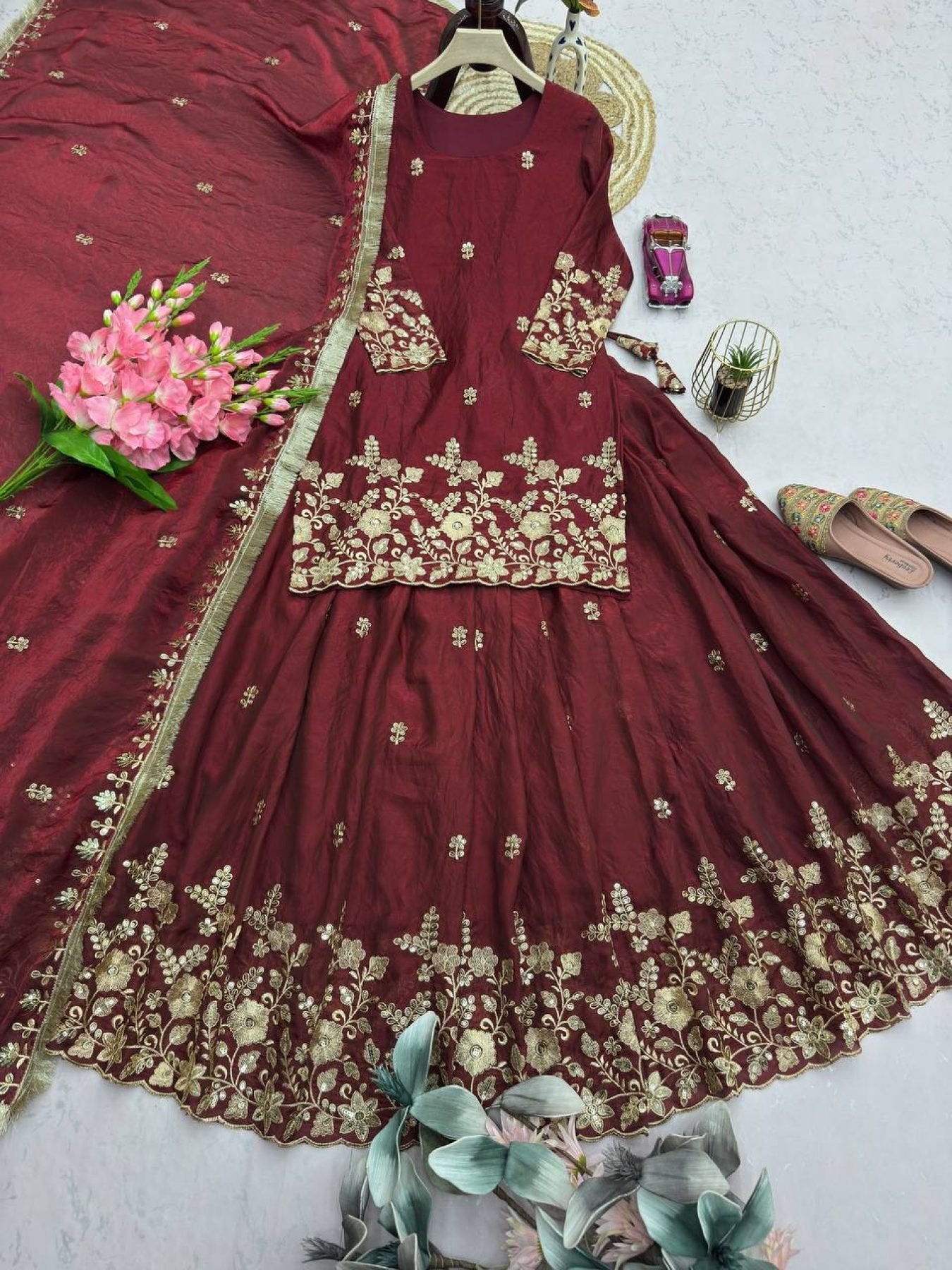 Embroidered Fandy Silk Outfit for Festive Wear Lehenga front view