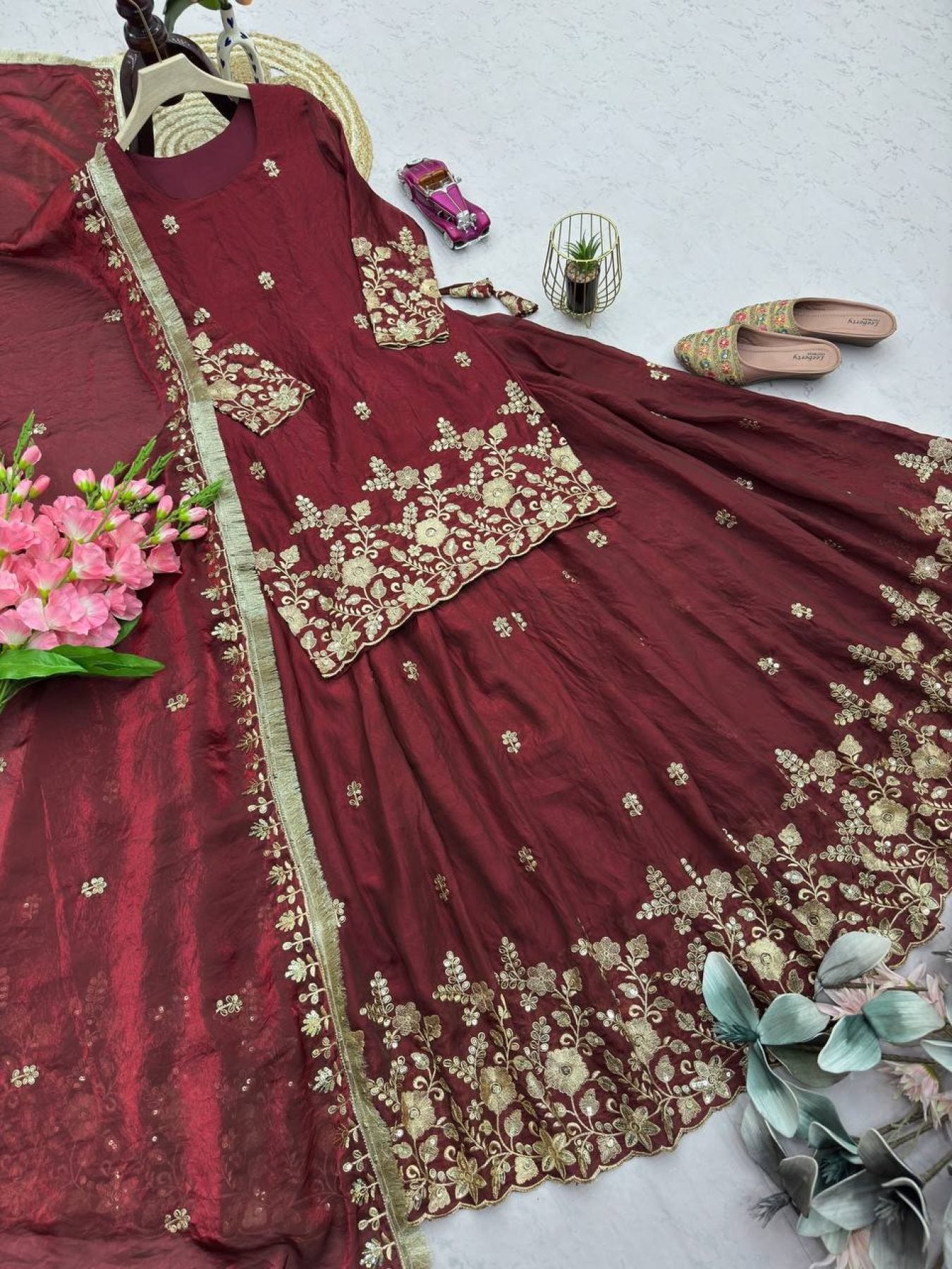 Embroidered Fandy Silk Outfit for Festive Wear Lehenga full drape view