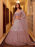 Pink Net Lehenga Choli with Sequins and Zari Embroidery For Bridal full drape view