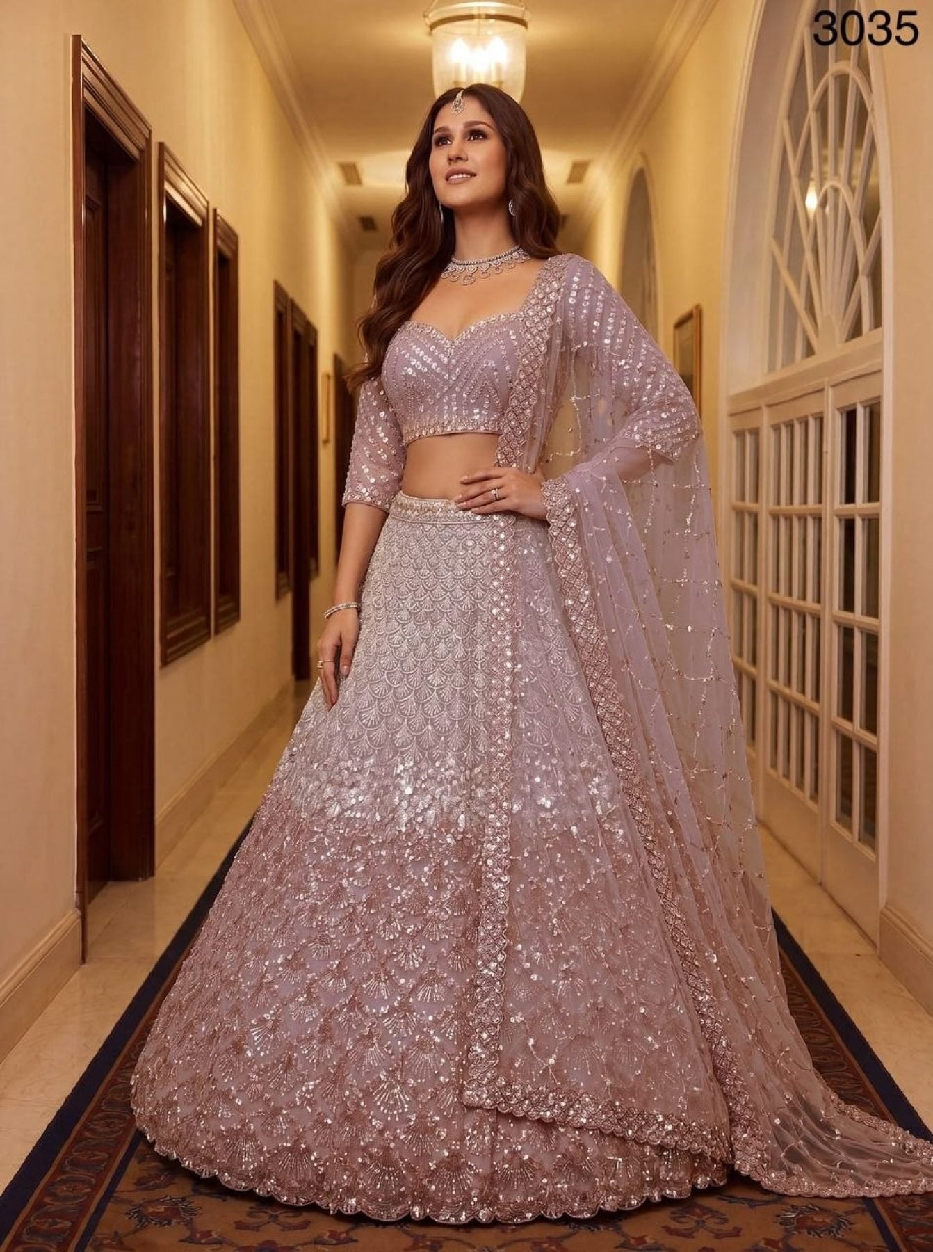 Pink Net Lehenga Choli with Sequins and Zari Embroidery For Bridal back view