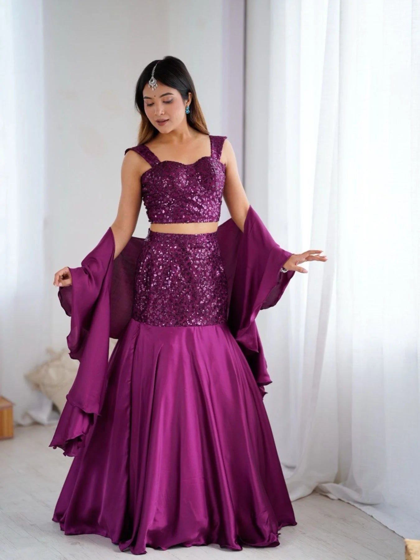 Royal Purple Fish Cut Lehenga Set with Sequins Embroidery & Crepe Dupatta