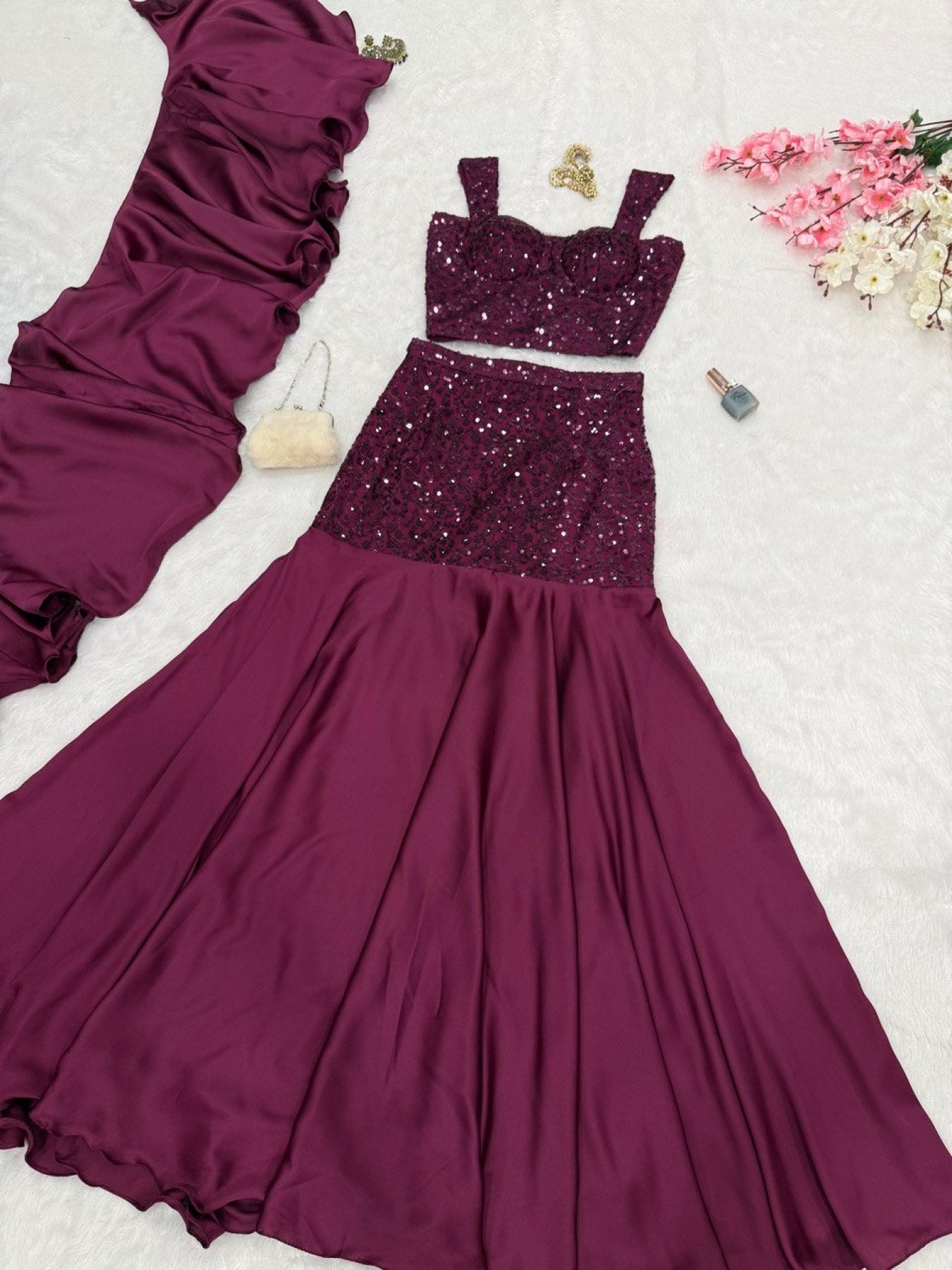 Purple Wedding Wear Lehenga Skirt with Sequins Embroidery full drape view