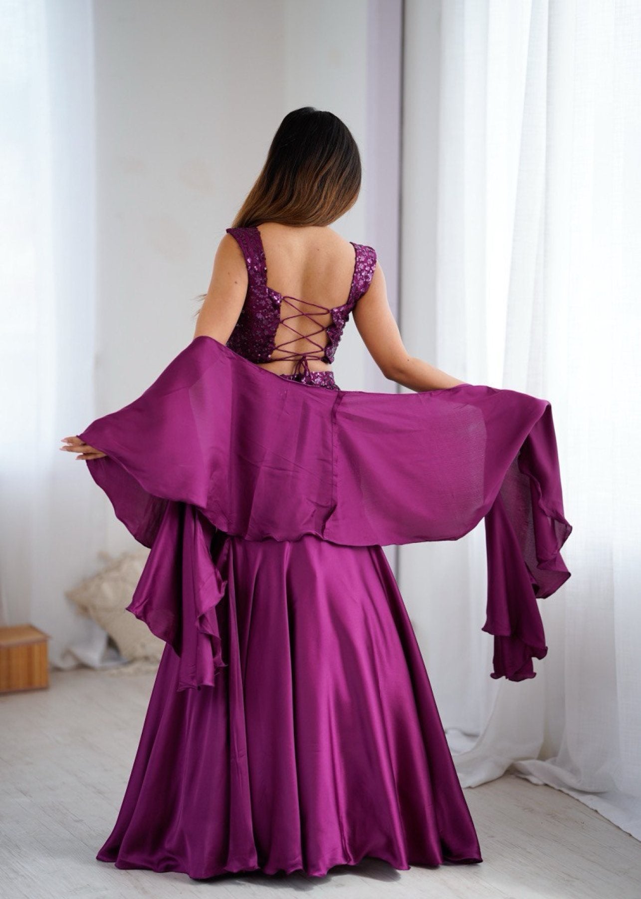 Purple Wedding Wear Lehenga Skirt with Sequins Embroidery styling view