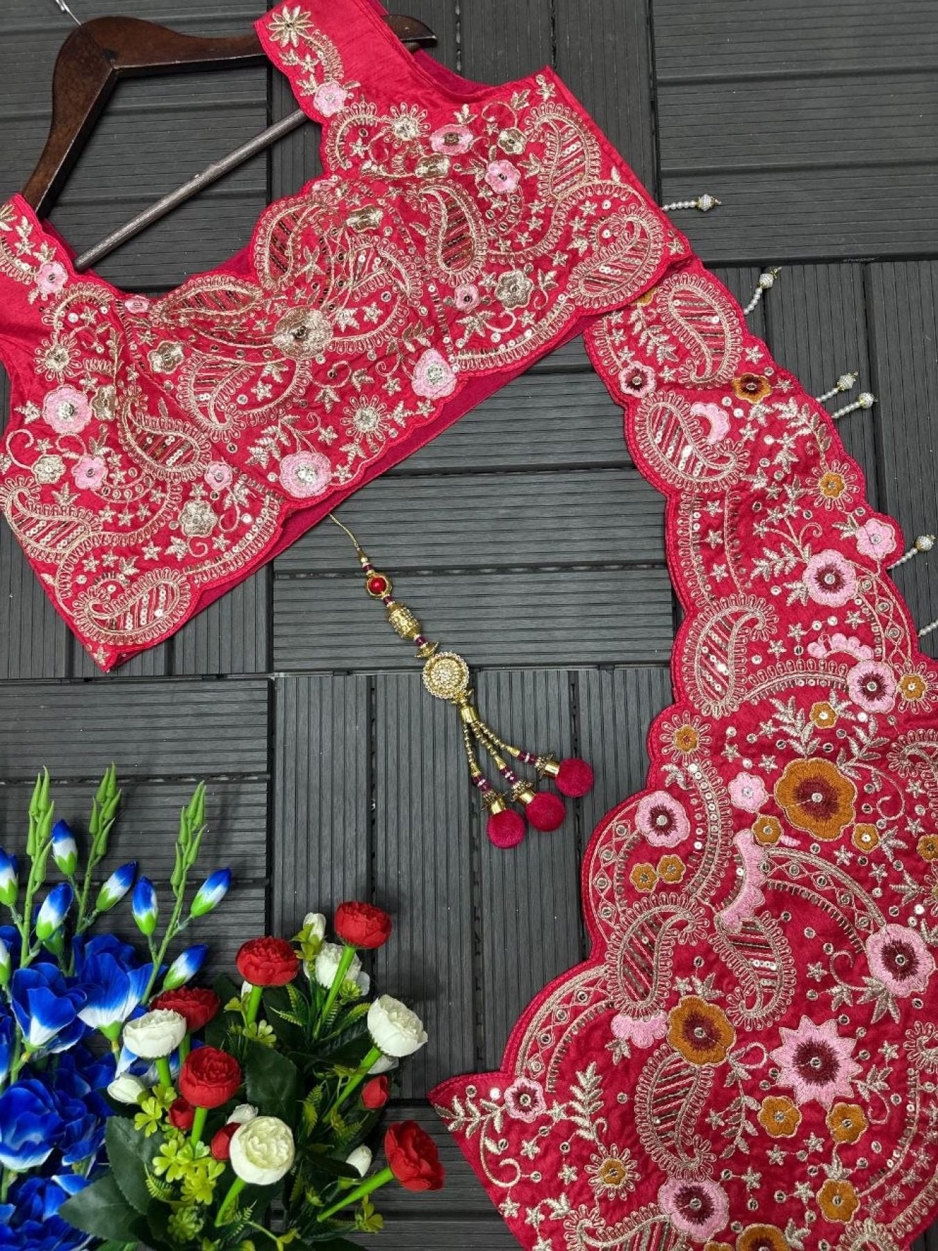 Coding Work Lehenga Choli with Shrug blouse and dupatta detail