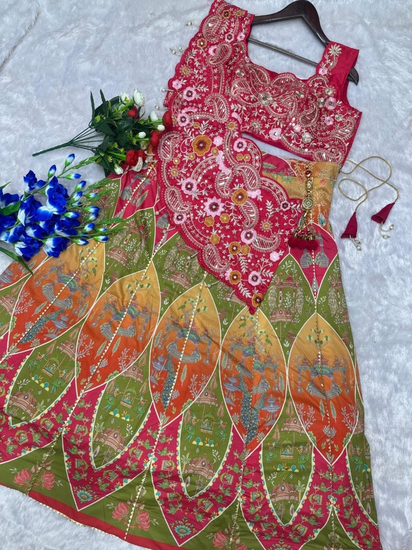 Coding Work Lehenga Choli with Shrug front view