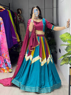 Golden Traditional Chinon Lehenga Choli with Colorful Kali Work for Navratri blouse and dupatta detail