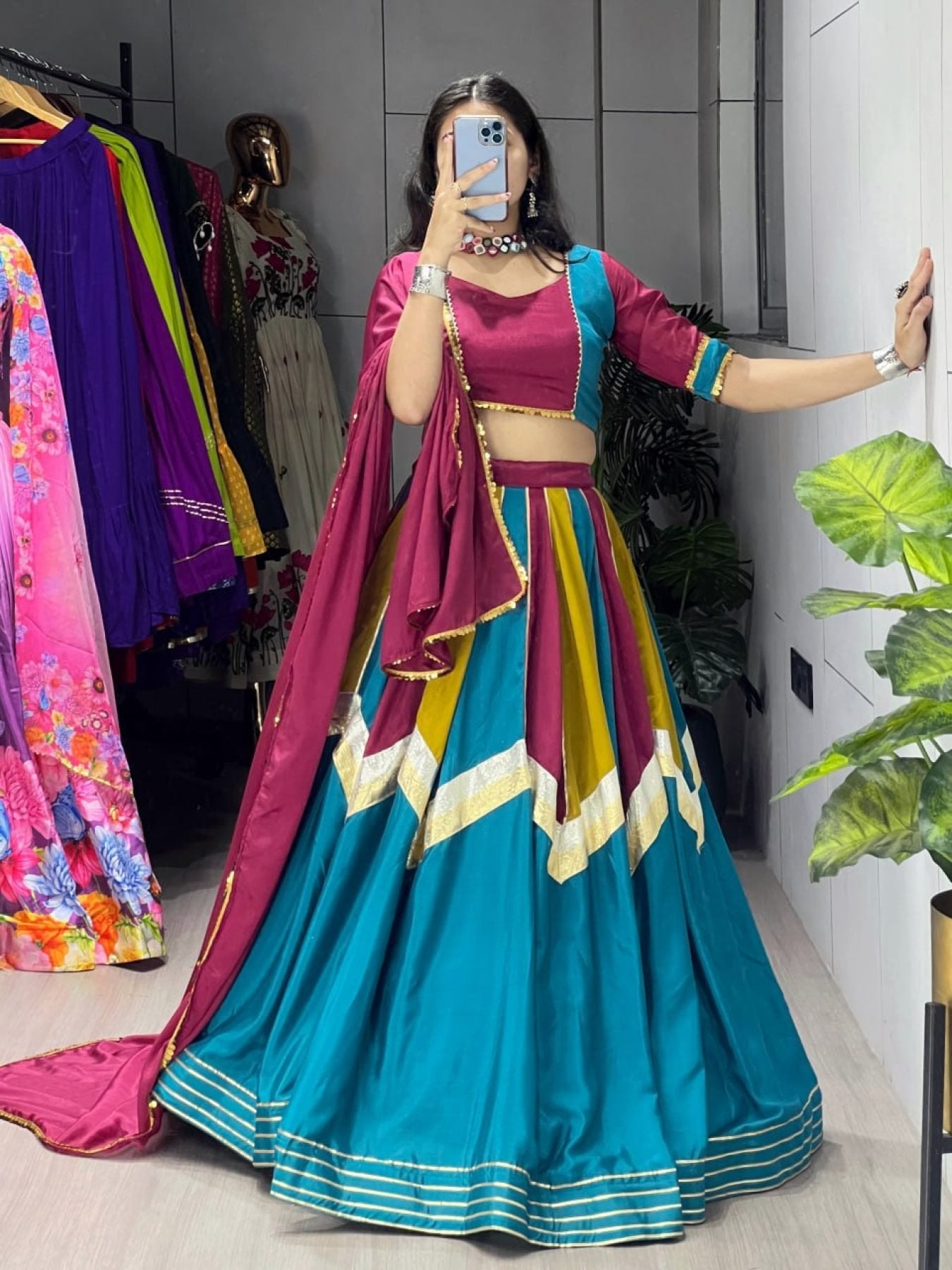 Golden Traditional Chinon Lehenga Choli with Colorful Kali Work for Navratri blouse and dupatta detail