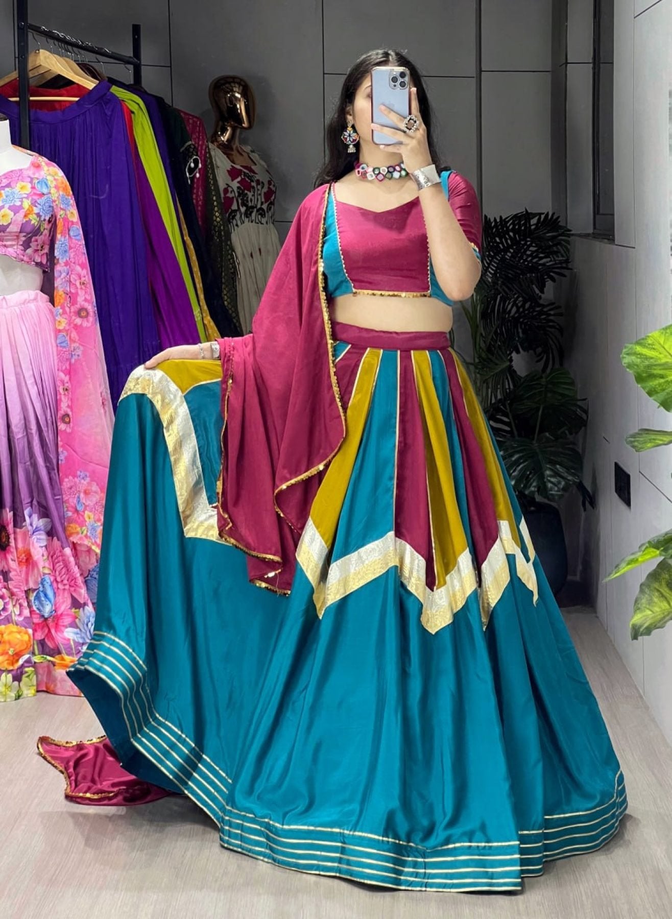 Golden Traditional Chinon Lehenga Choli with Colorful Kali Work for Navratri embroidery close-up