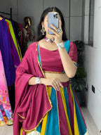 Golden Traditional Chinon Lehenga Choli with Colorful Kali Work for Navratri fabric texture detail