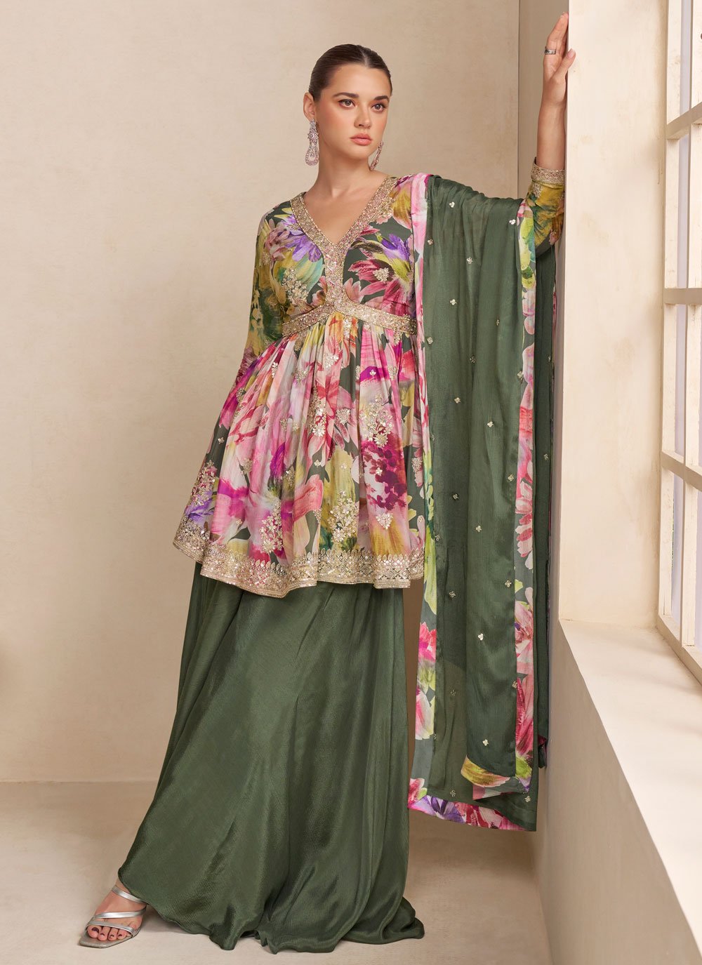 Noor Mahal Suit Set Digital Print With Embroidered Work