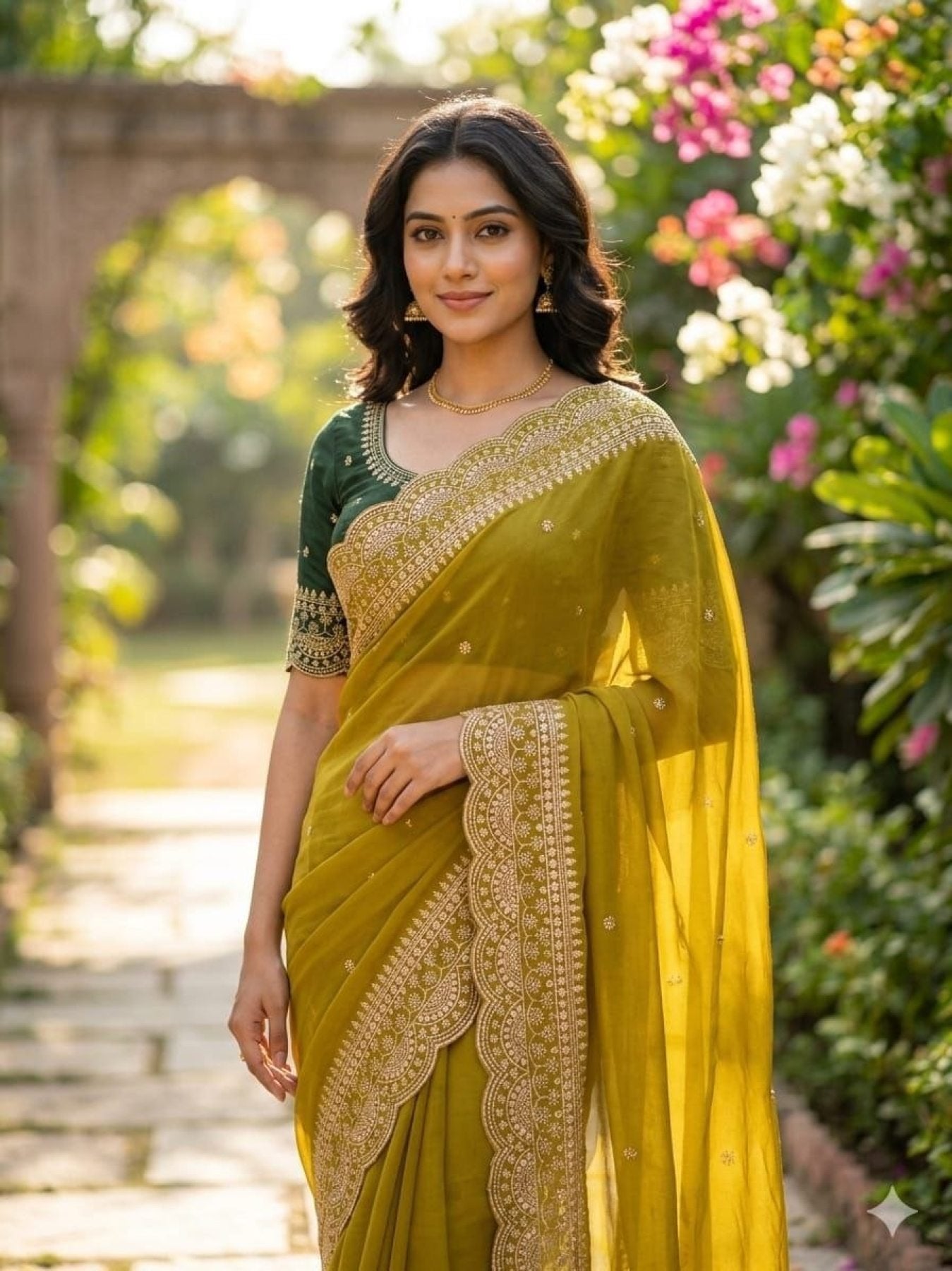 Mustard Georgette Saree - drape and pallu detail