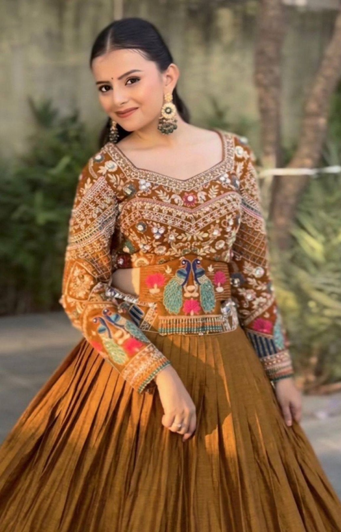 Bridal Chinon Silk Lehenga Choli with Embroidery Sequence Work for Weddings full drape view