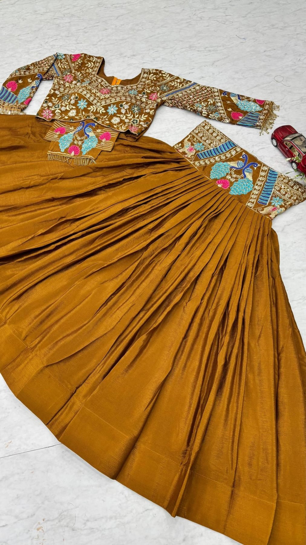 Bridal Chinon Silk Lehenga Choli with Embroidery Sequence Work for Weddings fabric texture detail