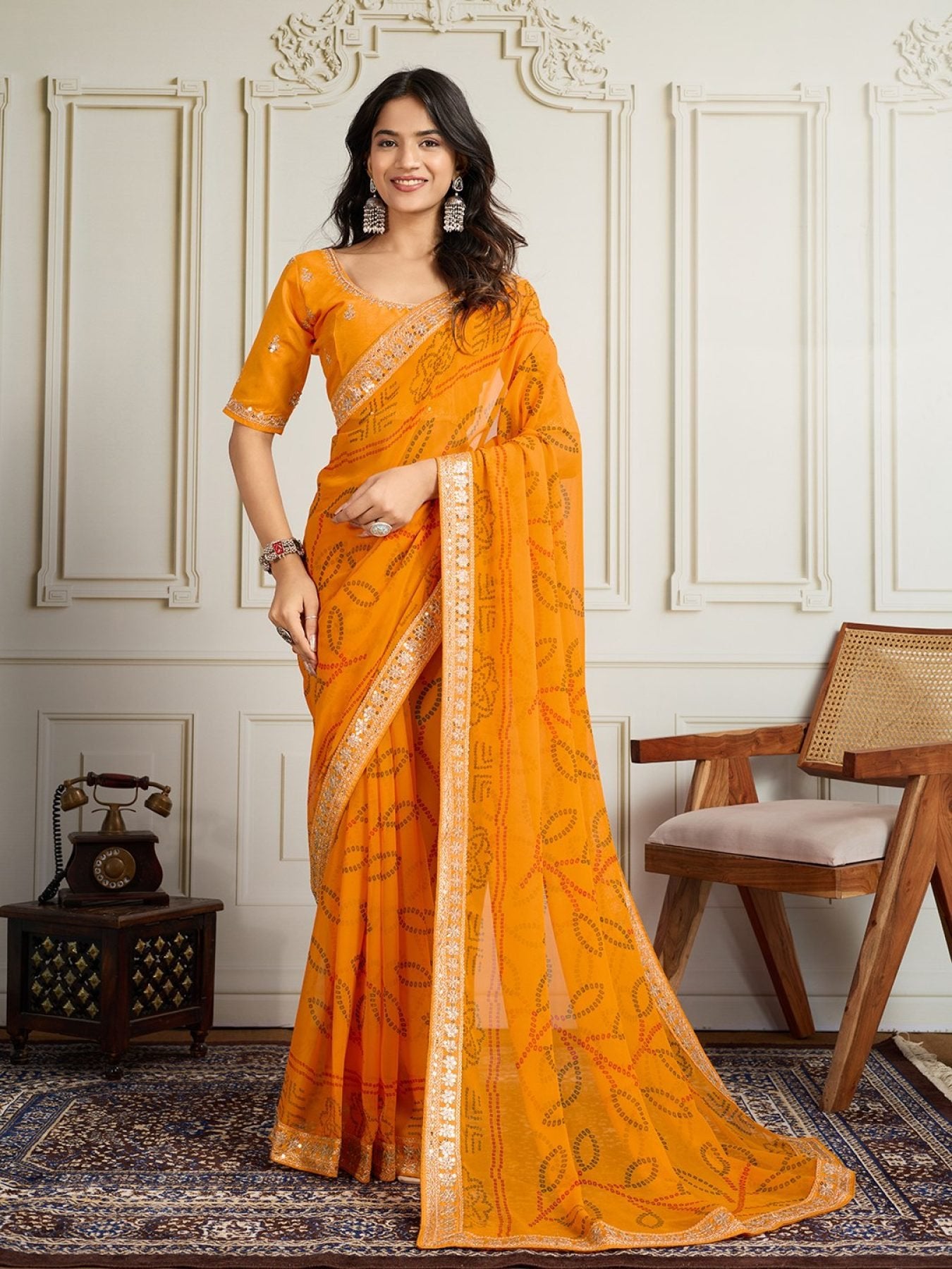 Mustard Georgette Saree - drape and pallu detail