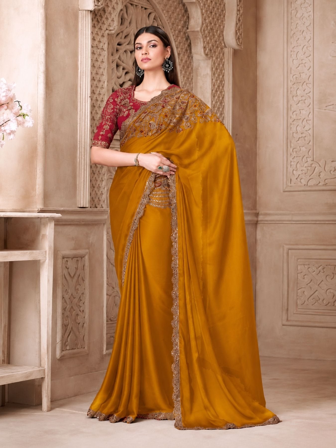 Mustard Tussar Saree for women - full front view | Snyvia