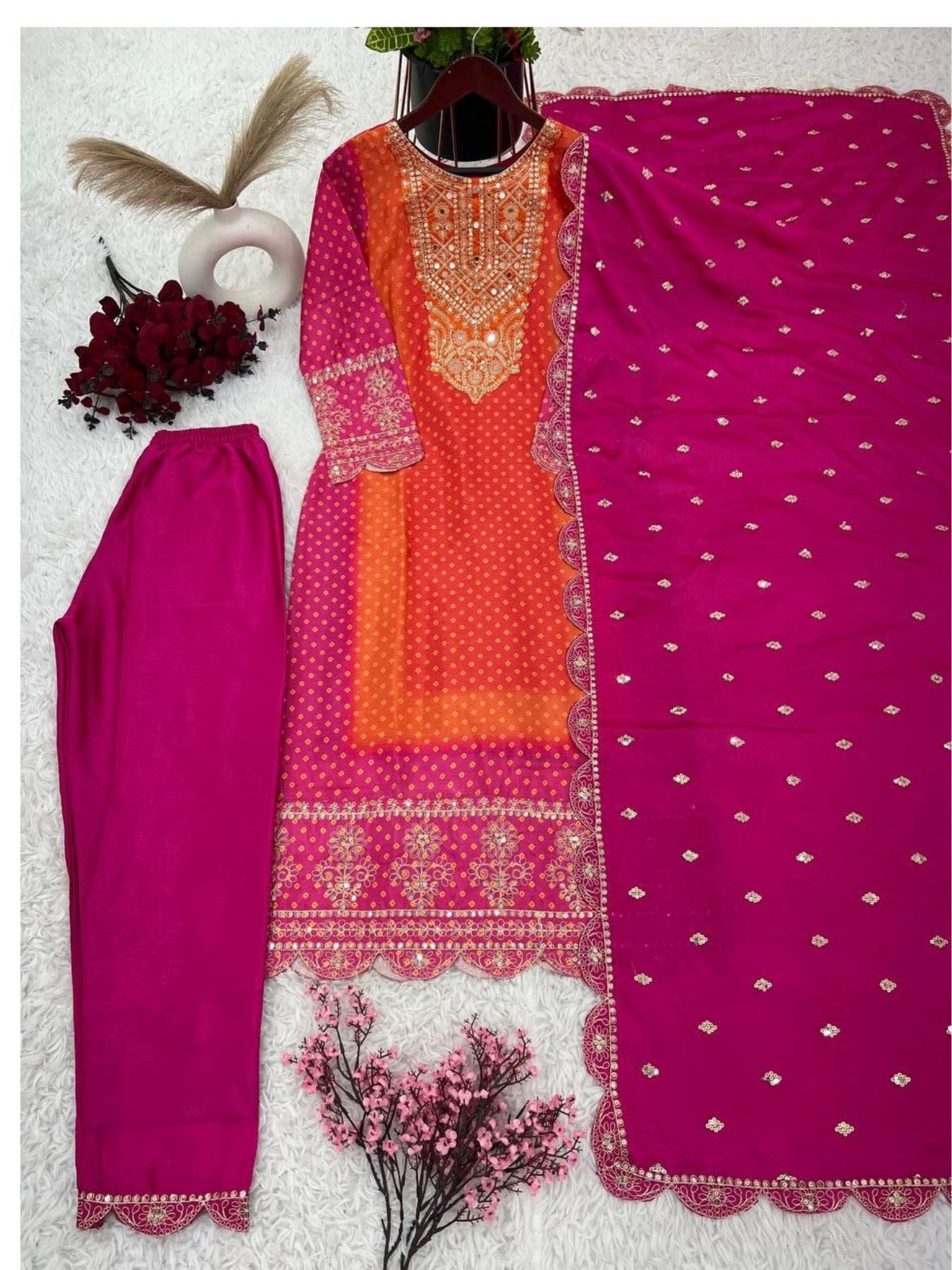 Heavy Pure Chinon Silk With Digital Print and Sequins Work kurta full set view