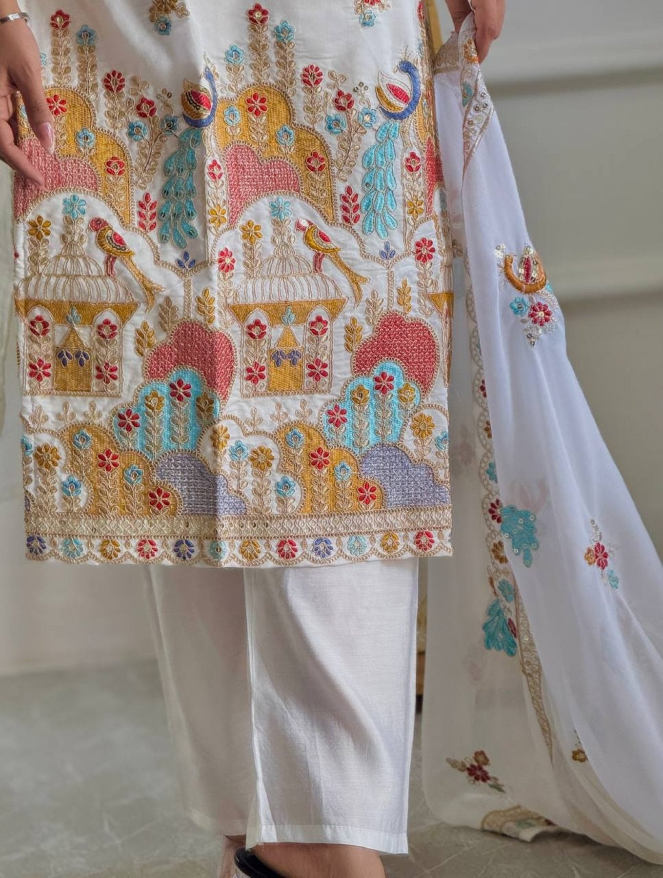 Party Wear Set Heavy Roman Silk Top Palazzo Dupatta with Embroidery detailed view