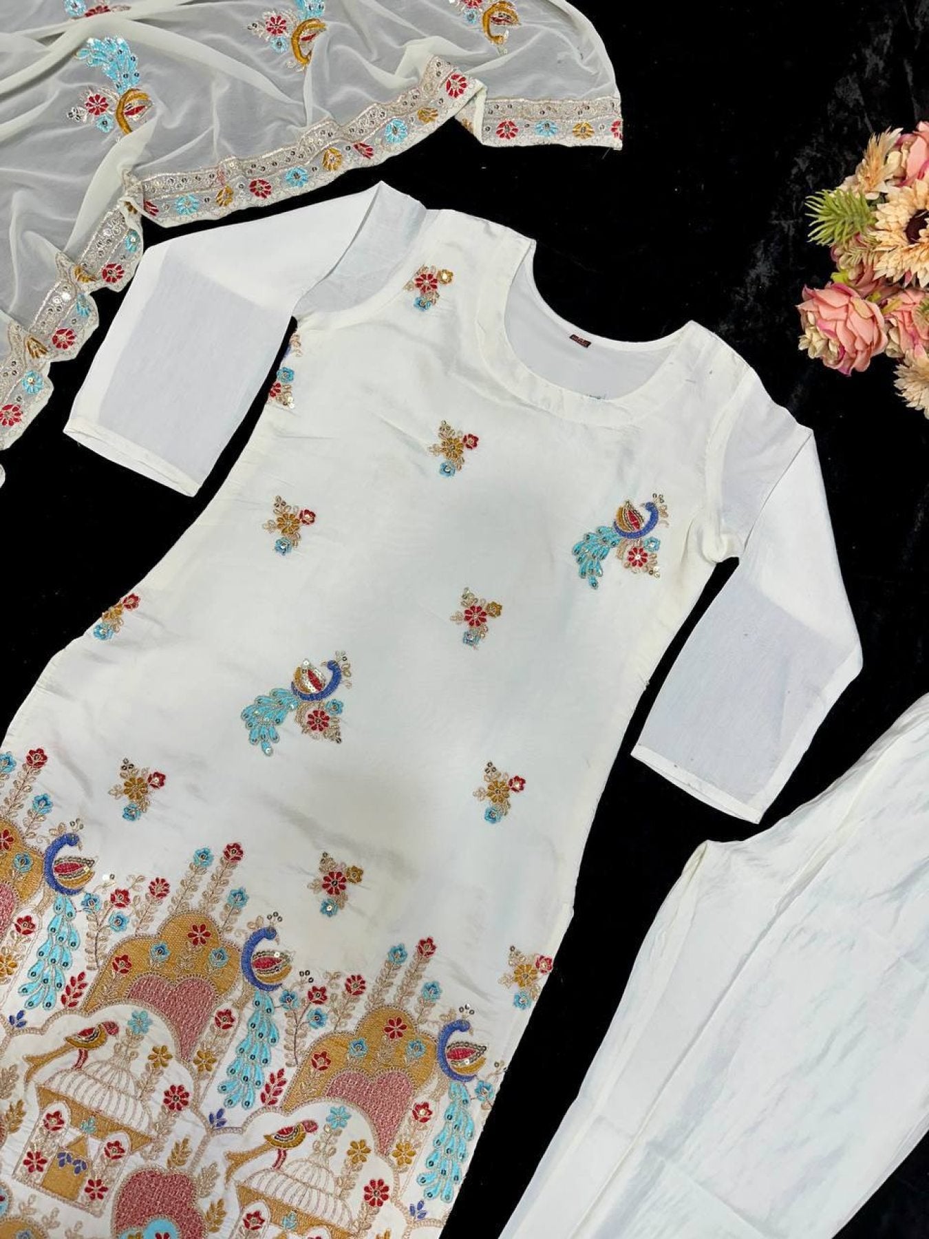 Party Wear Set Heavy Roman Silk Top Palazzo Dupatta with Embroidery fabric texture detail