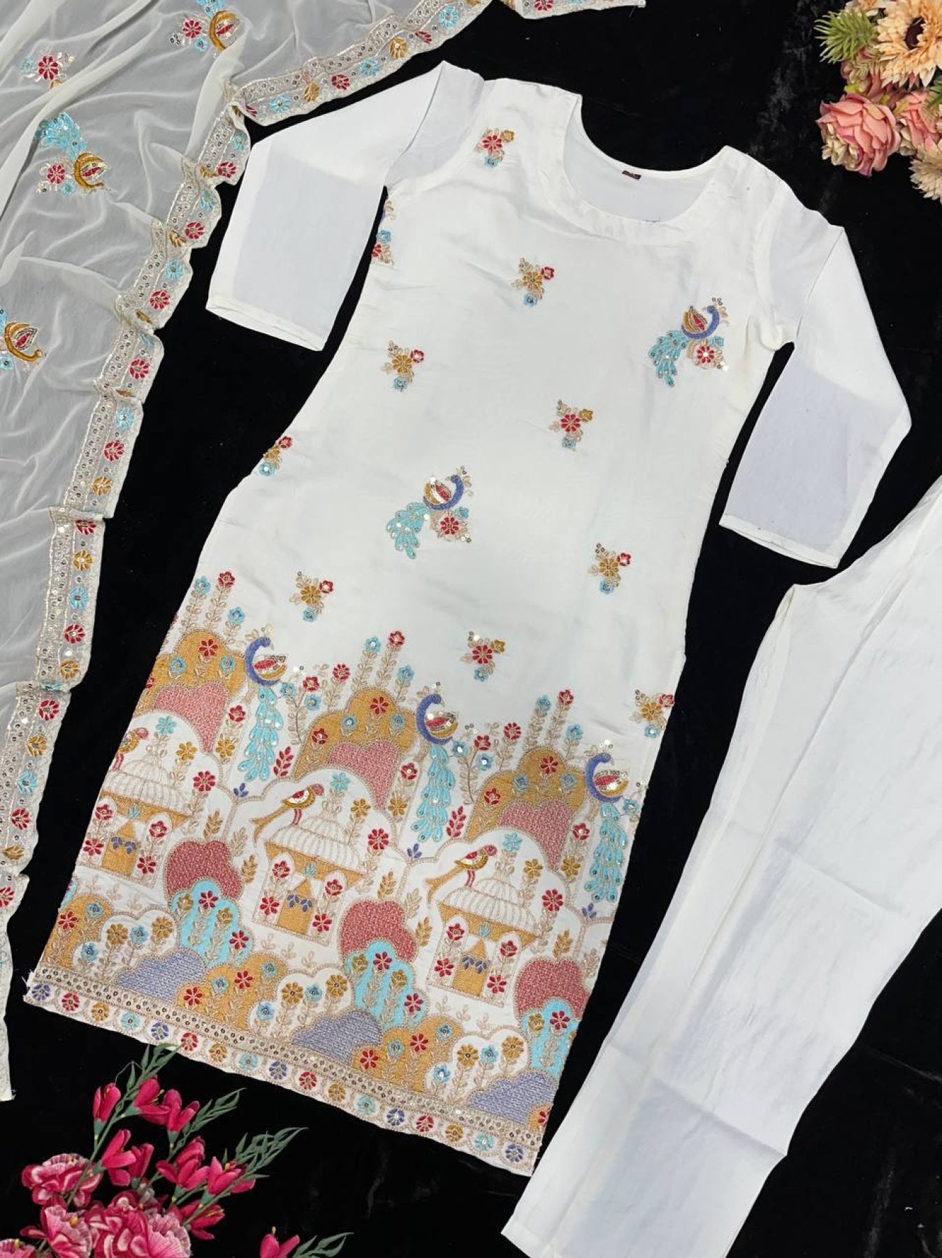 Party Wear Set Heavy Roman Silk Top Palazzo Dupatta with Embroidery styling view
