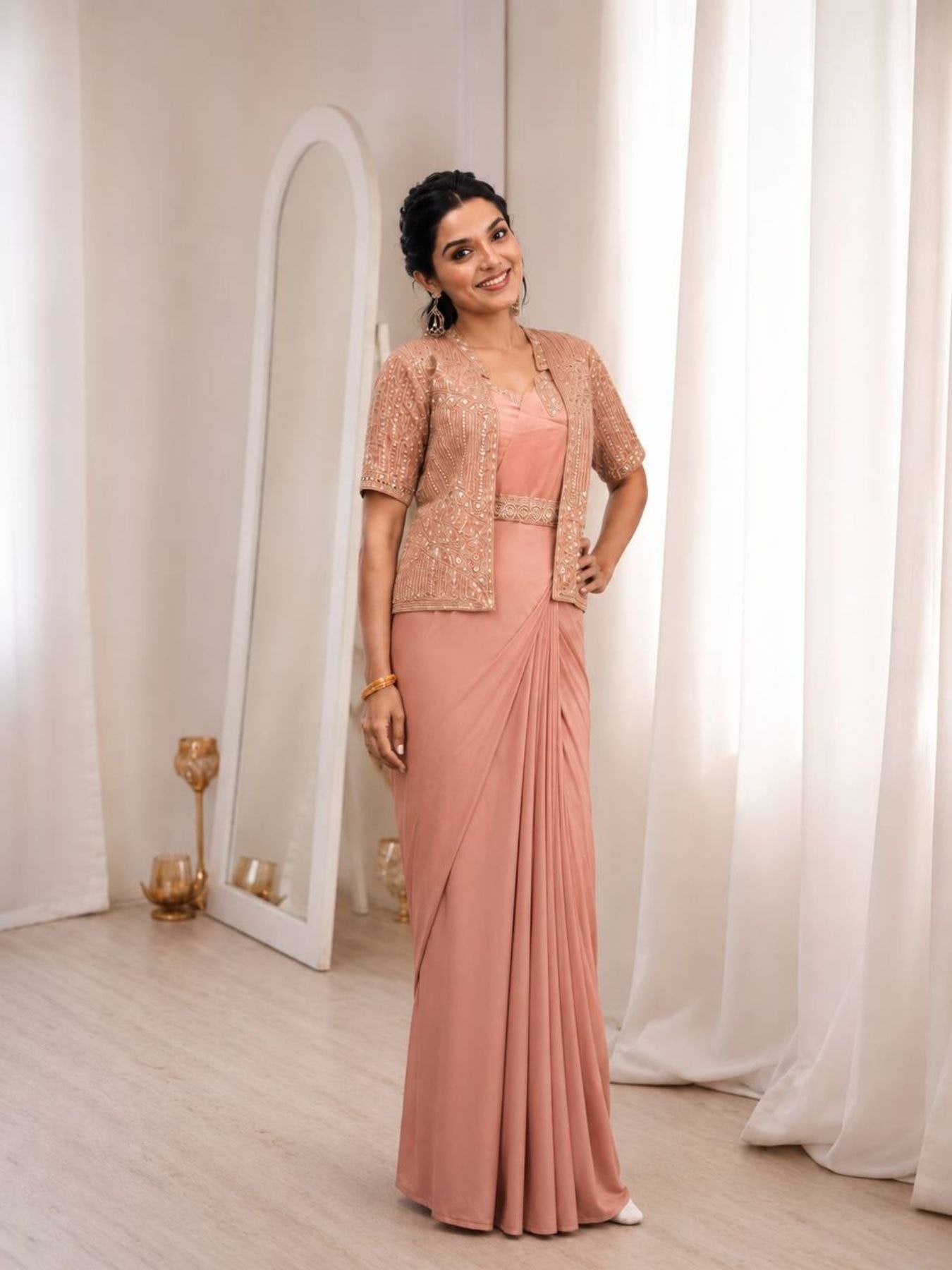 Peach Saree for women - full front view | Snyvia