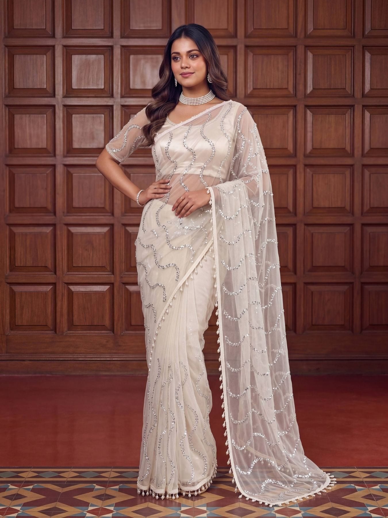 White Net Saree for women - full front view | Snyvia