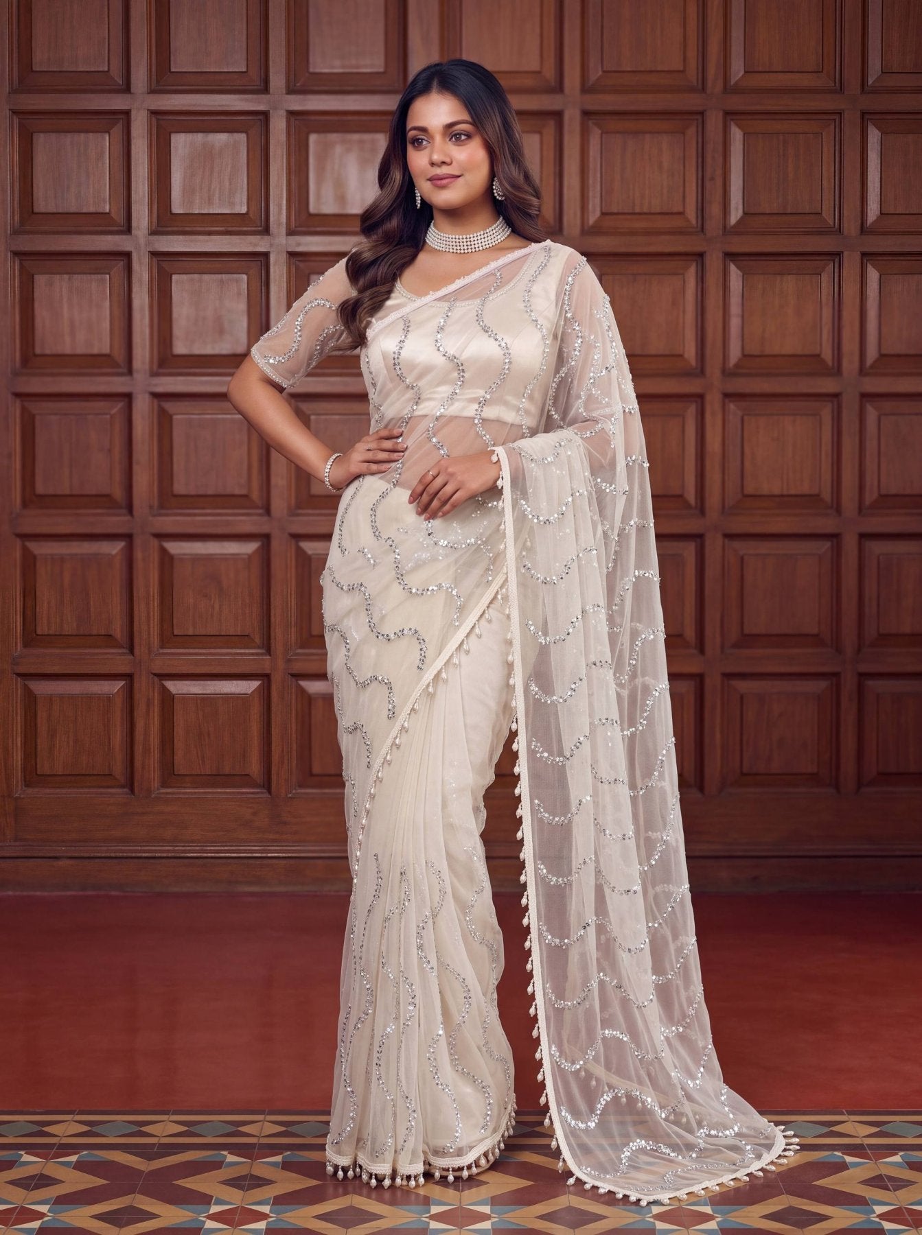 White Net Saree - drape and pallu detail