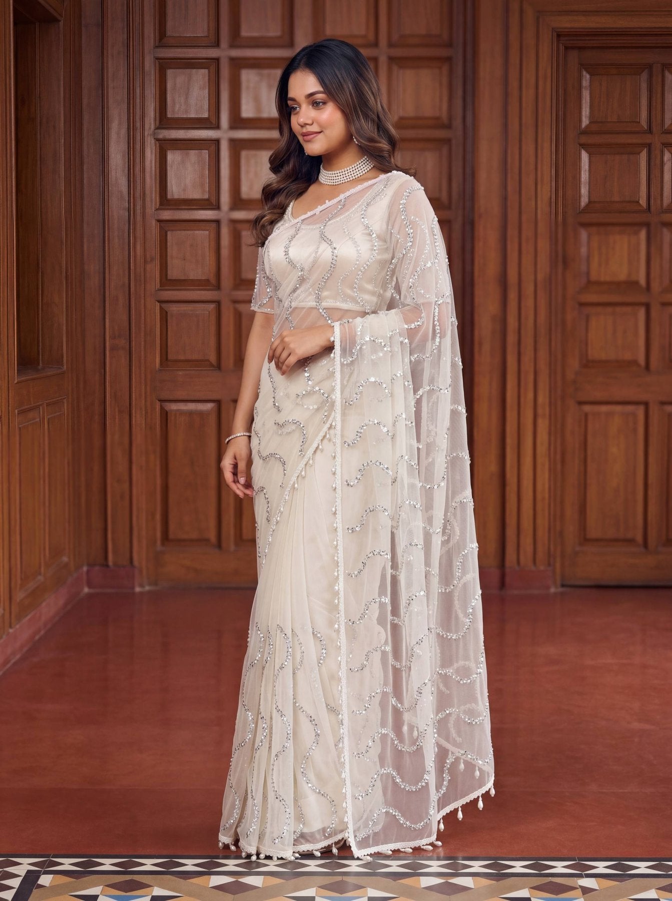 White Net Saree - side drape view