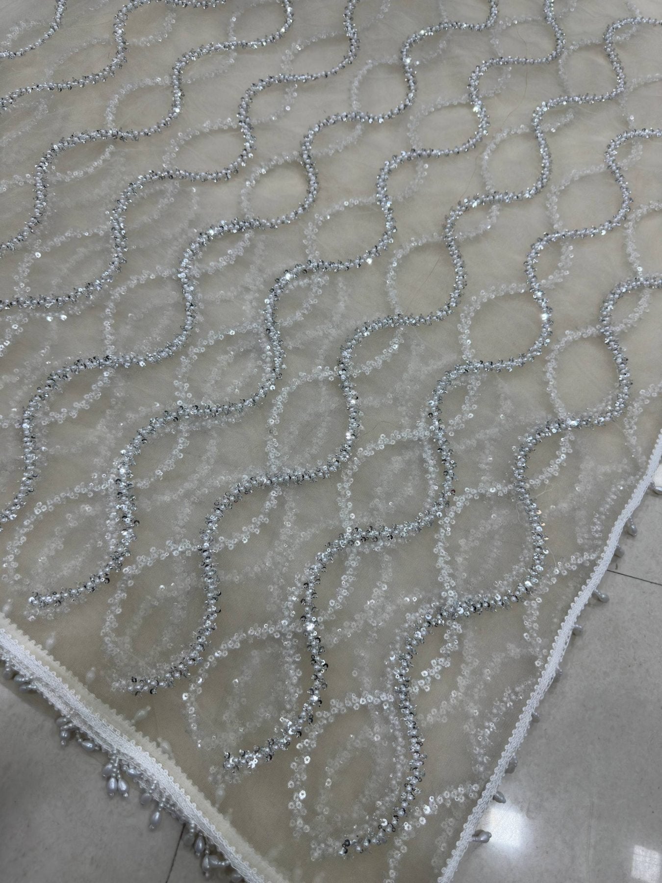 White Net Saree - Embroidery pallu design detail