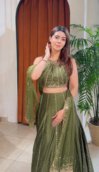 Olive Party Wear Lehenga with Sequins Work for Special Occasions embroidery close-up