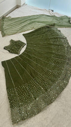 Olive Party Wear Lehenga with Sequins Work for Special Occasions back view